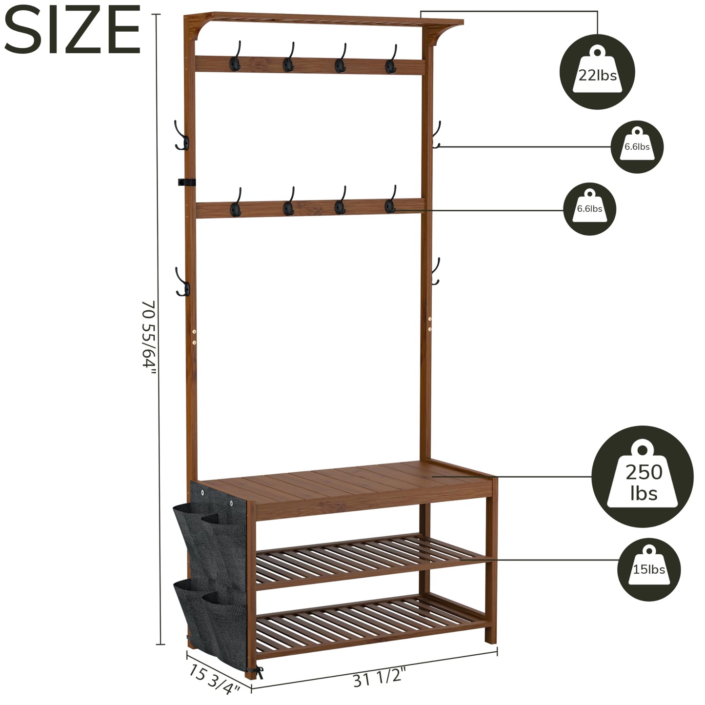 Hall Tree Entryway Bench with Coat Rack and Shoe Storage Bamboo Frame