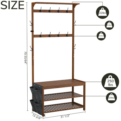 Hall Tree Entryway Bench with Coat Rack and Shoe Storage Bamboo Frame