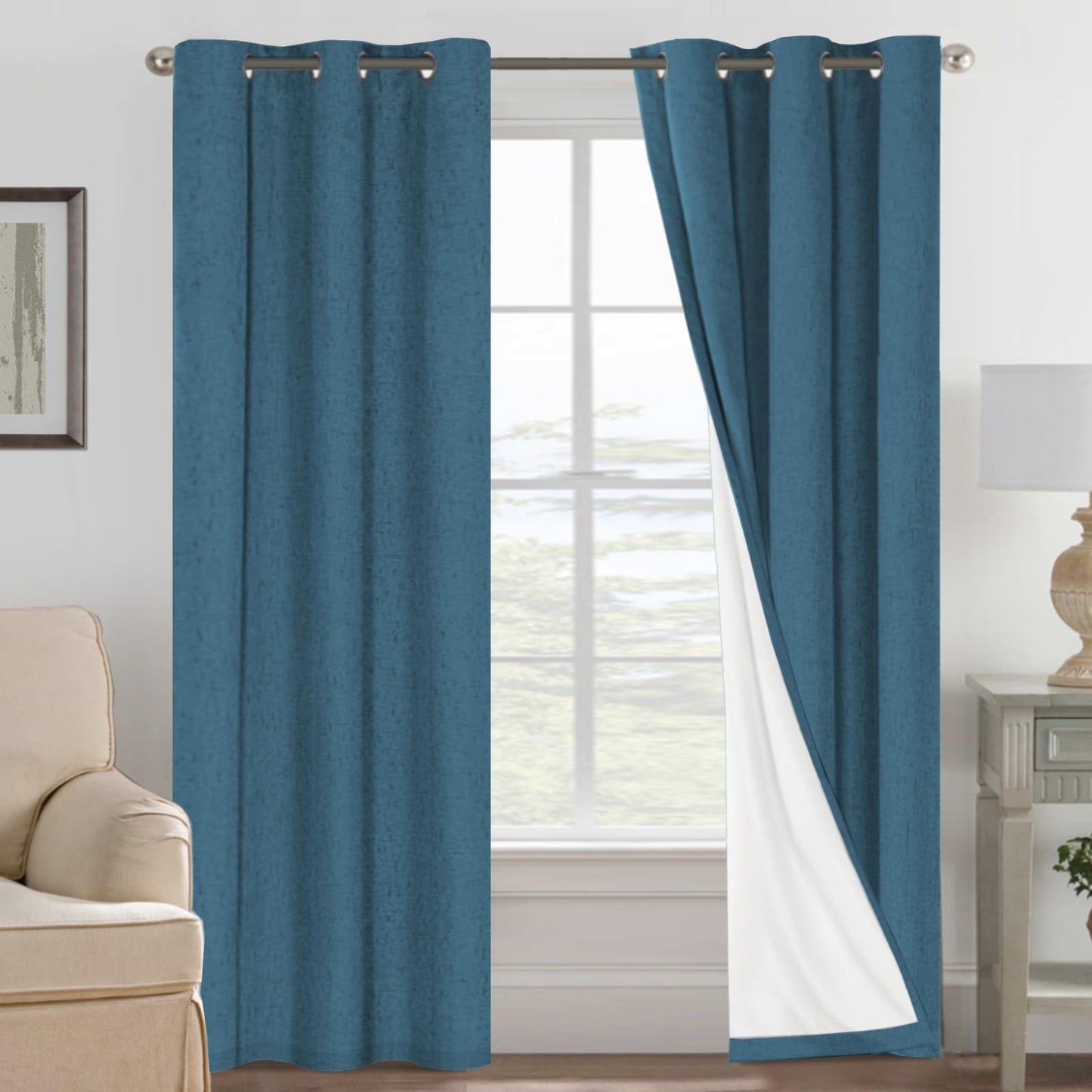 Linen Blackout Curtains Thick Textured Thermal Insulated Extra Wide Grommet Patio Door Drapes