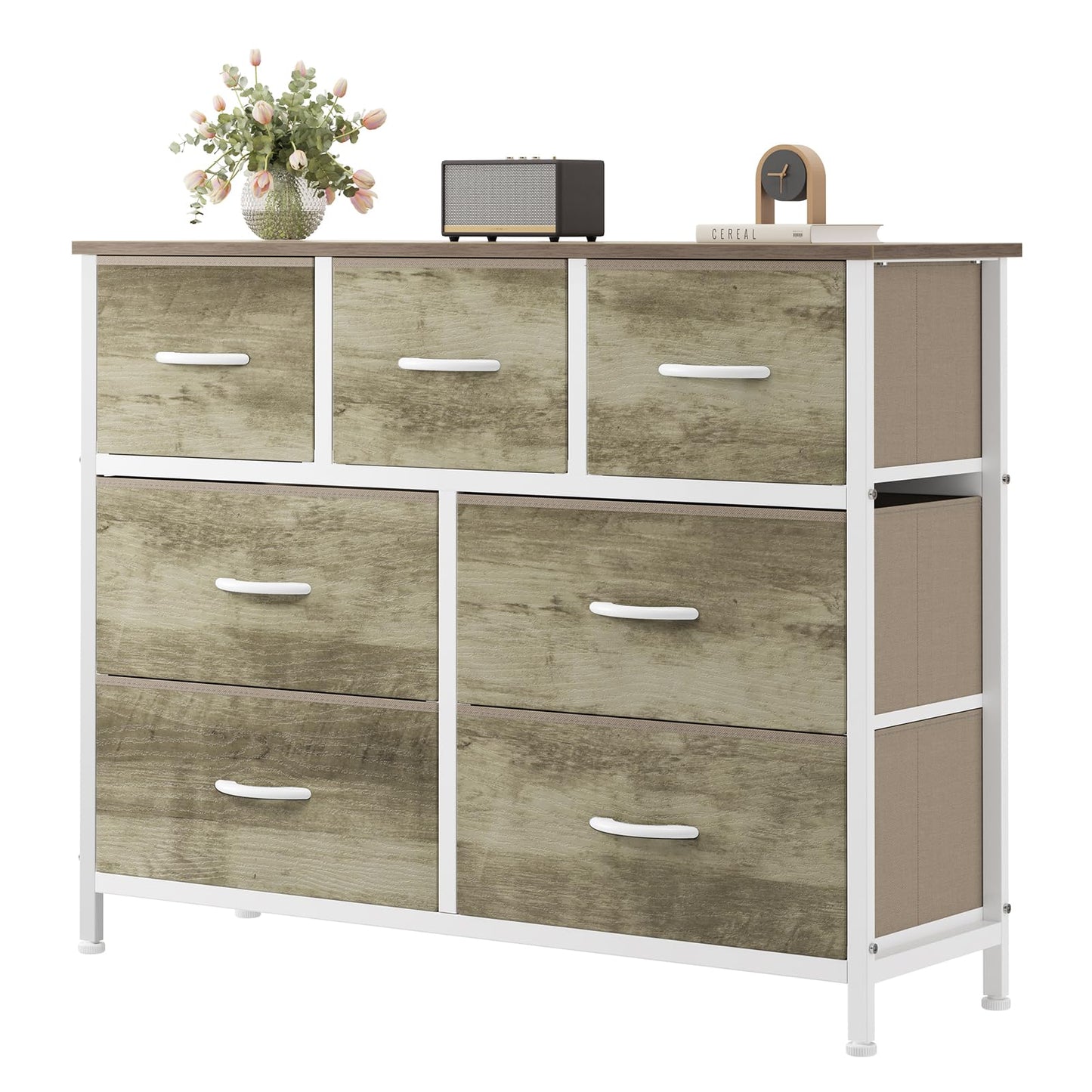 7-Drawer Fabric Dresser Storage Tower with Steel Frame and Wood Top
