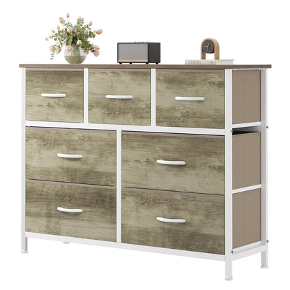 7-Drawer Fabric Dresser Storage Tower with Steel Frame and Wood Top