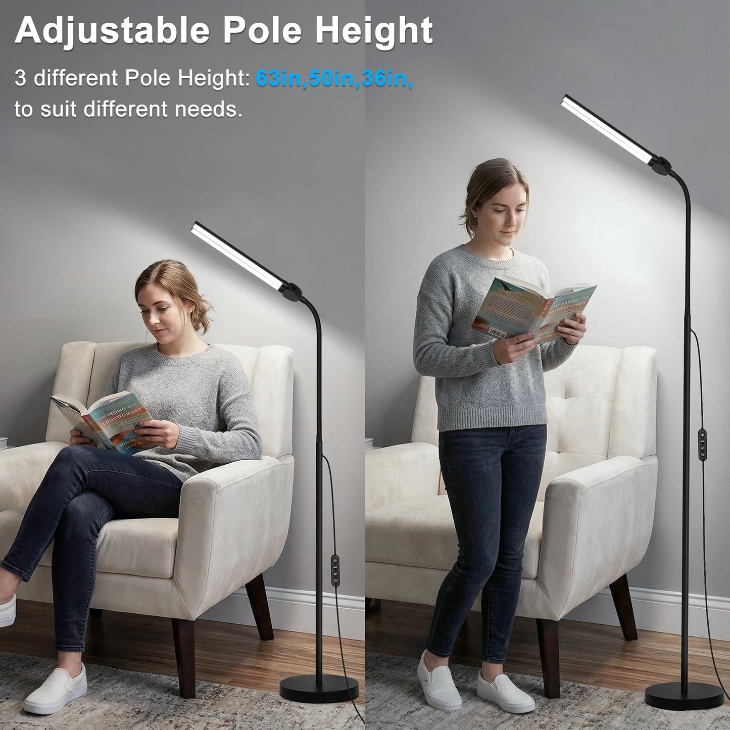 Adjustable Dual Head LED Floor Lamp Dimmable Bright Task Standing Light for Reading Office Living Room Bedroom