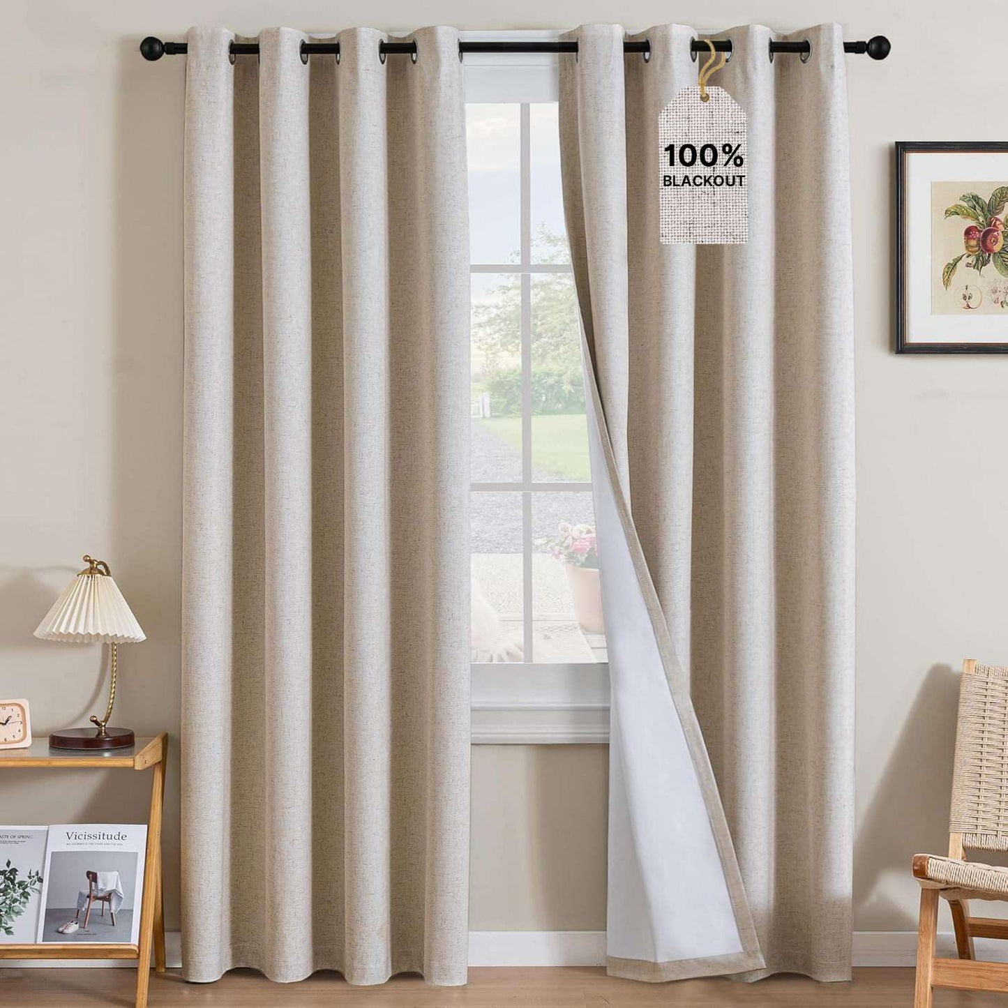 Linen Blackout Curtains Thick Textured Thermal Insulated Extra Wide Grommet Patio Door Drapes