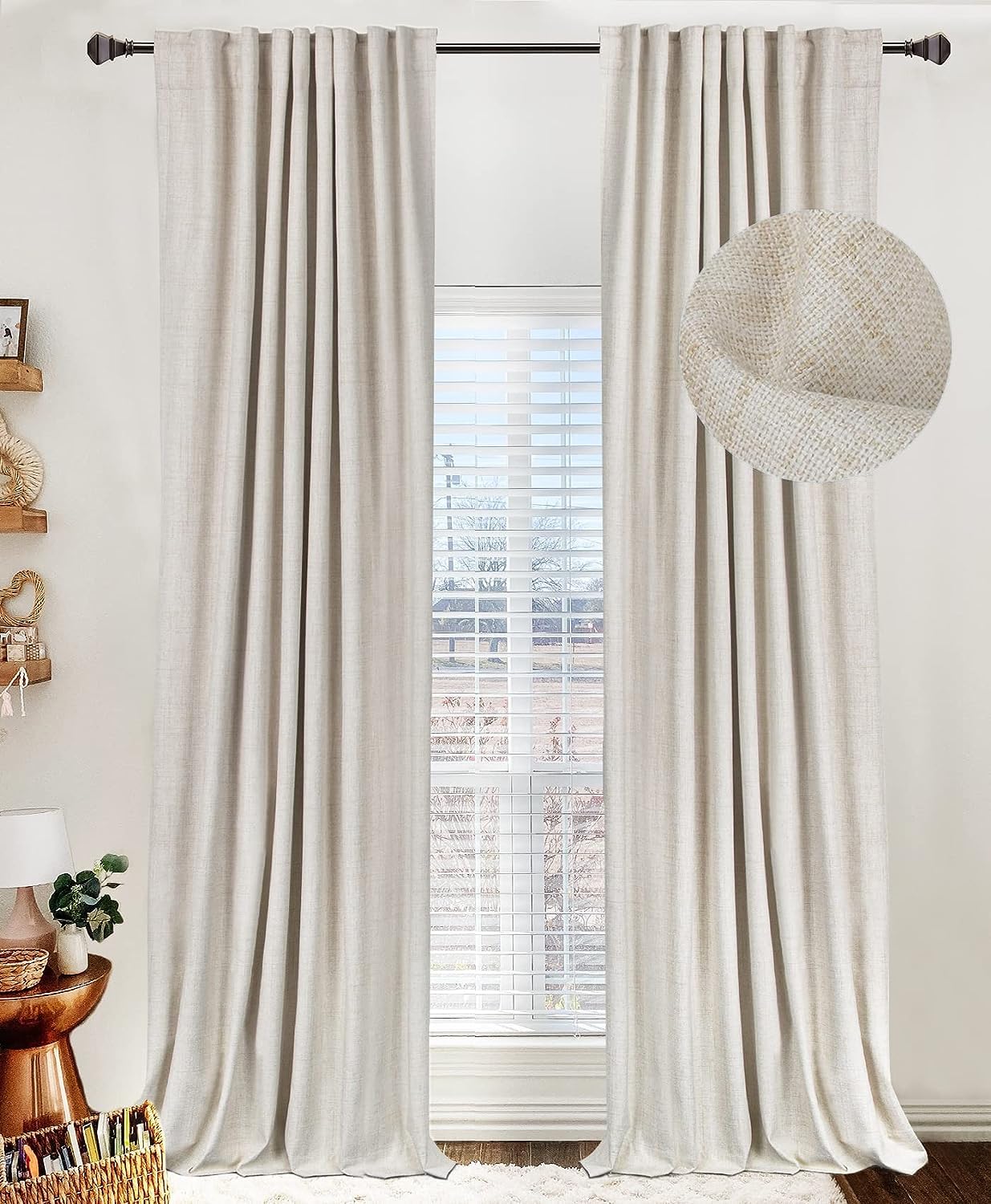 100% Blackout Linen Curtains Thermal Insulated Back Tab Rod Pocket Drapes for Bedroom Living Room