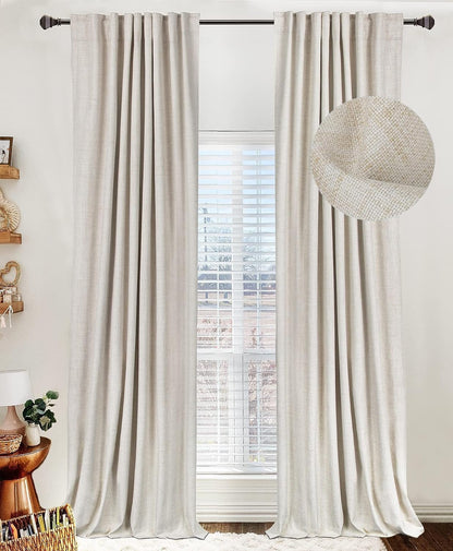 100% Blackout Linen Curtains Thermal Insulated Back Tab Rod Pocket Drapes for Bedroom Living Room