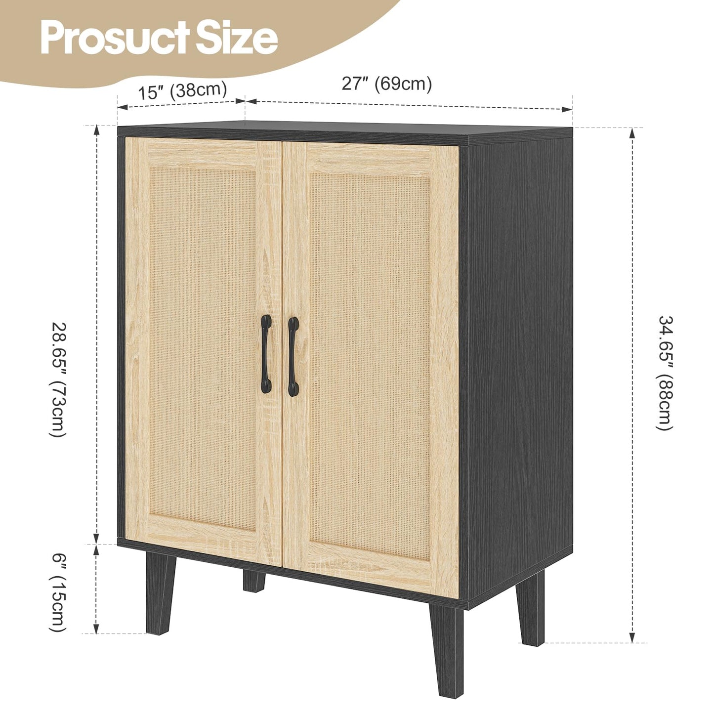 Rattan Door Sideboard Buffet Cabinet with Storage Accent Kitchen Cupboard