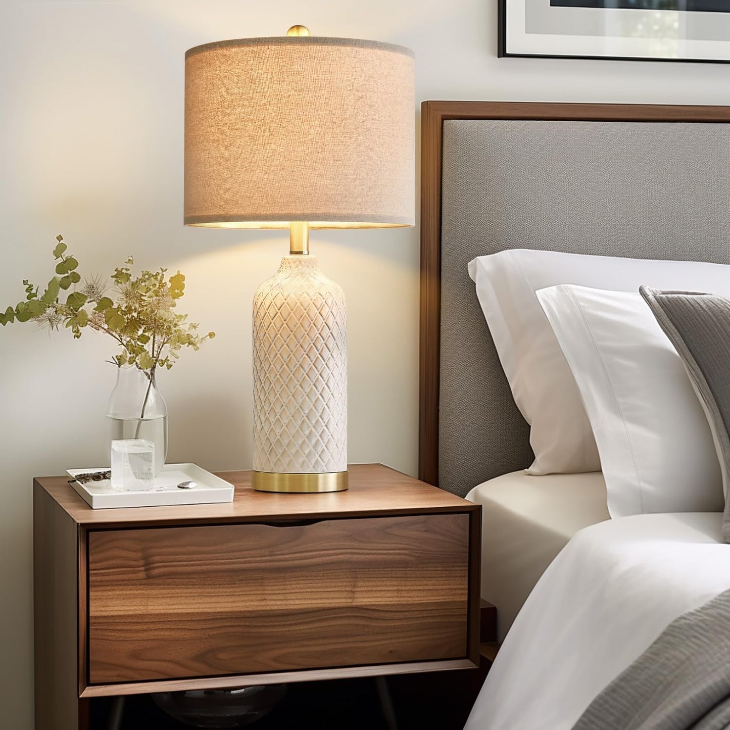 Modern Silver Ceramic Table Lamp Set of 2 Bedside Nightstand Lamps for Bedroom Living Room