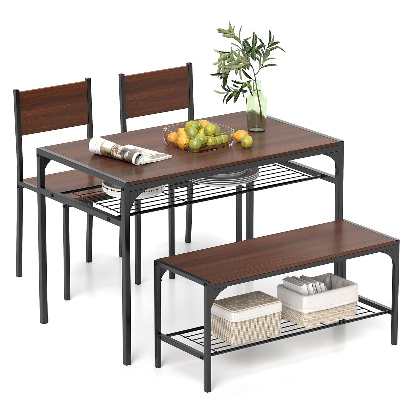 Dining Table Set for 4 with Bench, Metal Frame and Storage Rack, Modern Small Space Design