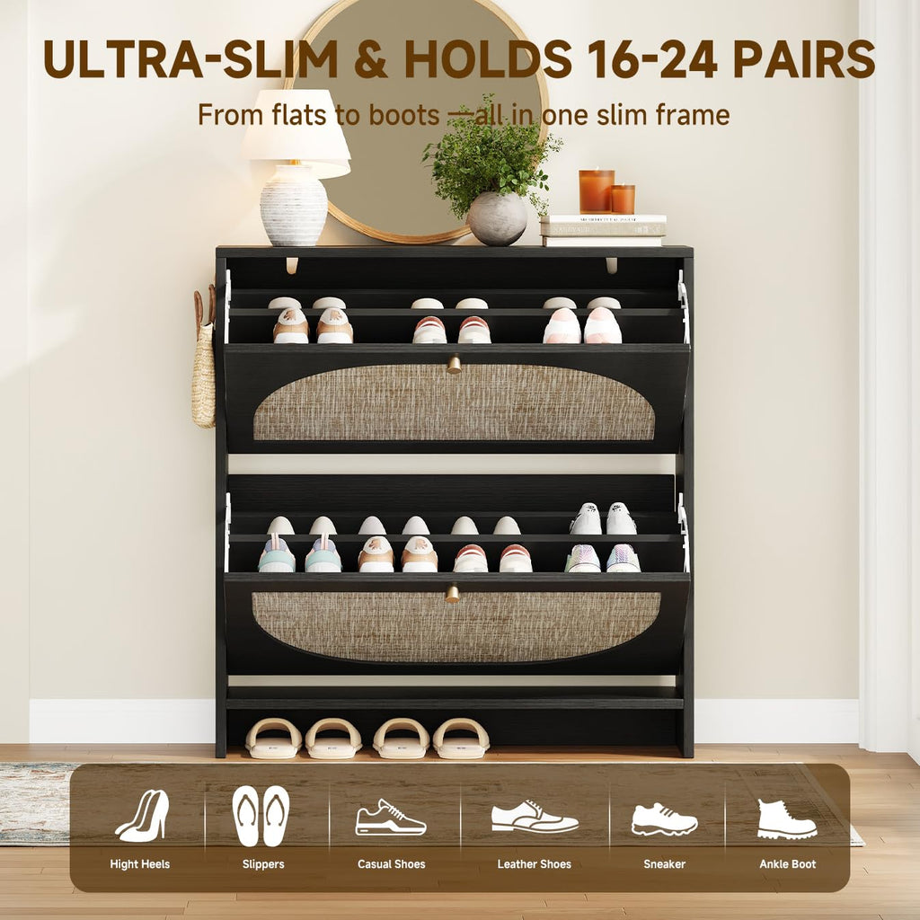 Rattan Arched Shoe Cabinet with Flip Drawers and Adjustable Shelves Entryway Storage Rack