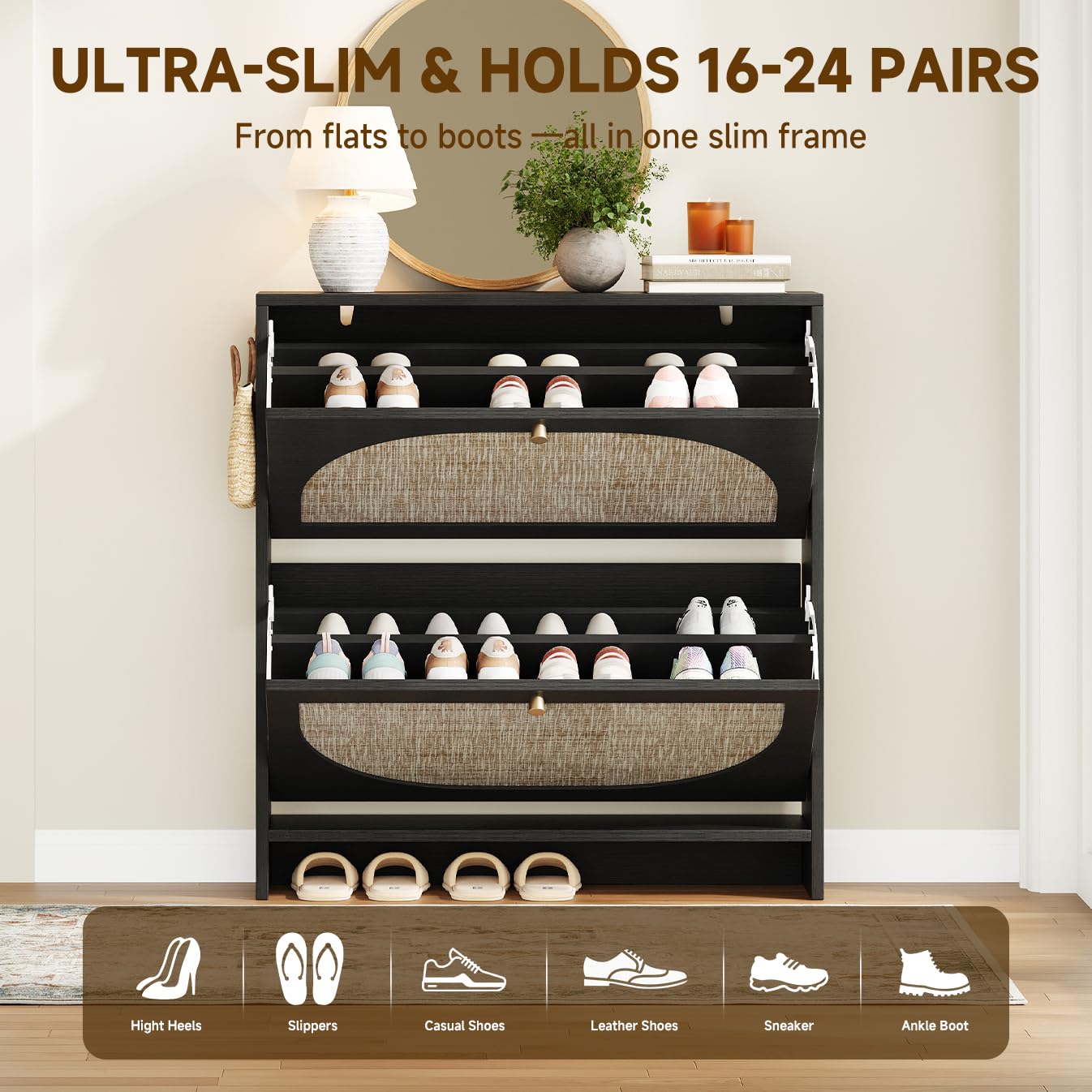 Rattan Arched Shoe Cabinet with Flip Drawers and Adjustable Shelves Entryway Storage Rack