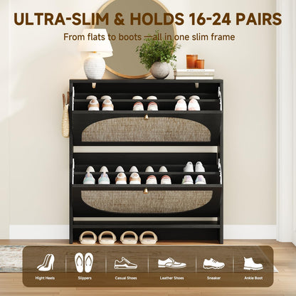 Rattan Arched Shoe Cabinet with Flip Drawers and Adjustable Shelves Entryway Storage Rack