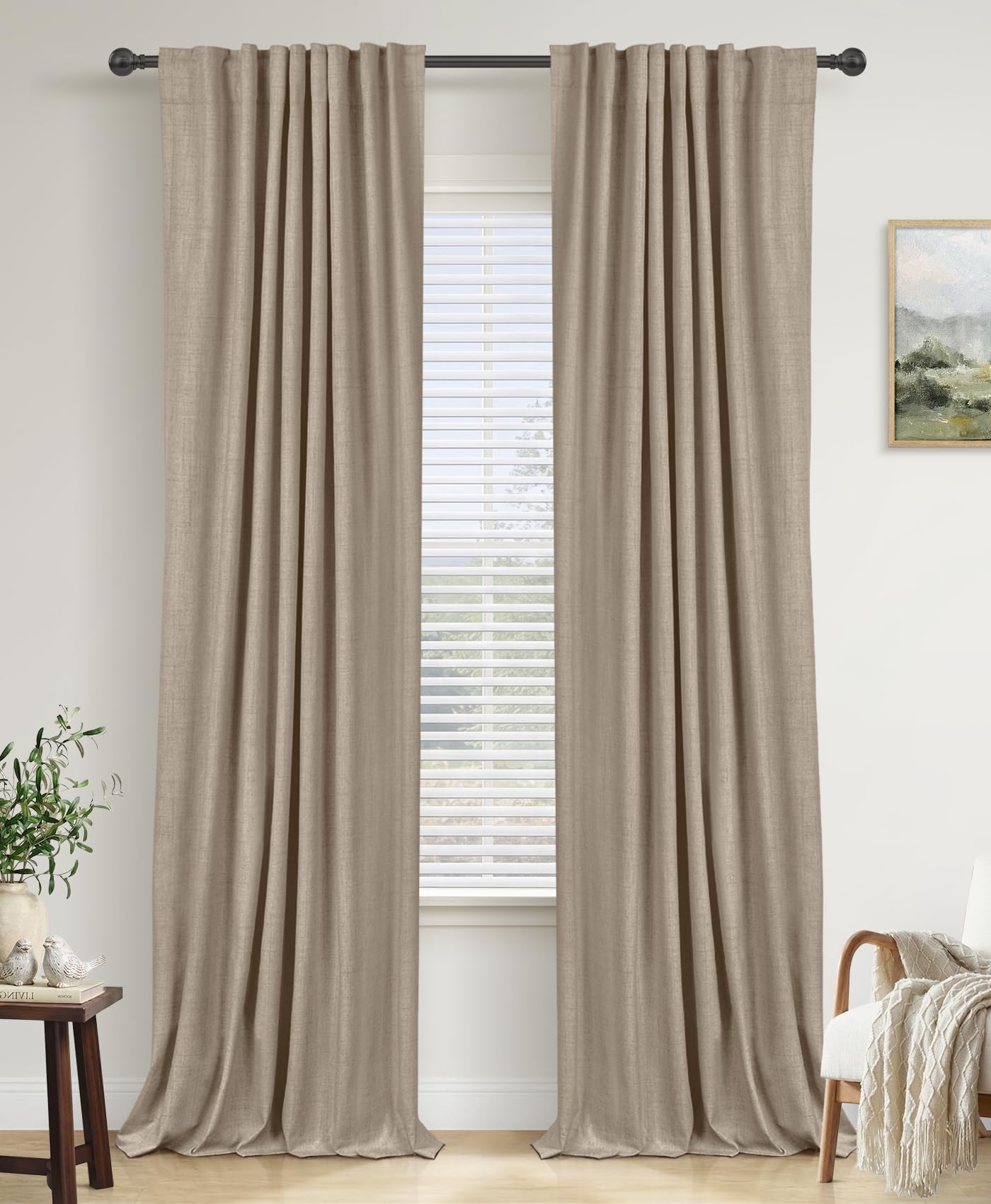 100% Blackout Linen Curtains Thermal Insulated Back Tab Rod Pocket Drapes for Bedroom Living Room