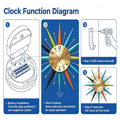 Mid-Century Star Shaped Metal Crystal Wall Clock Silent Decorative Wall Clock for Living Room Bedroom Dining Room Office Porch