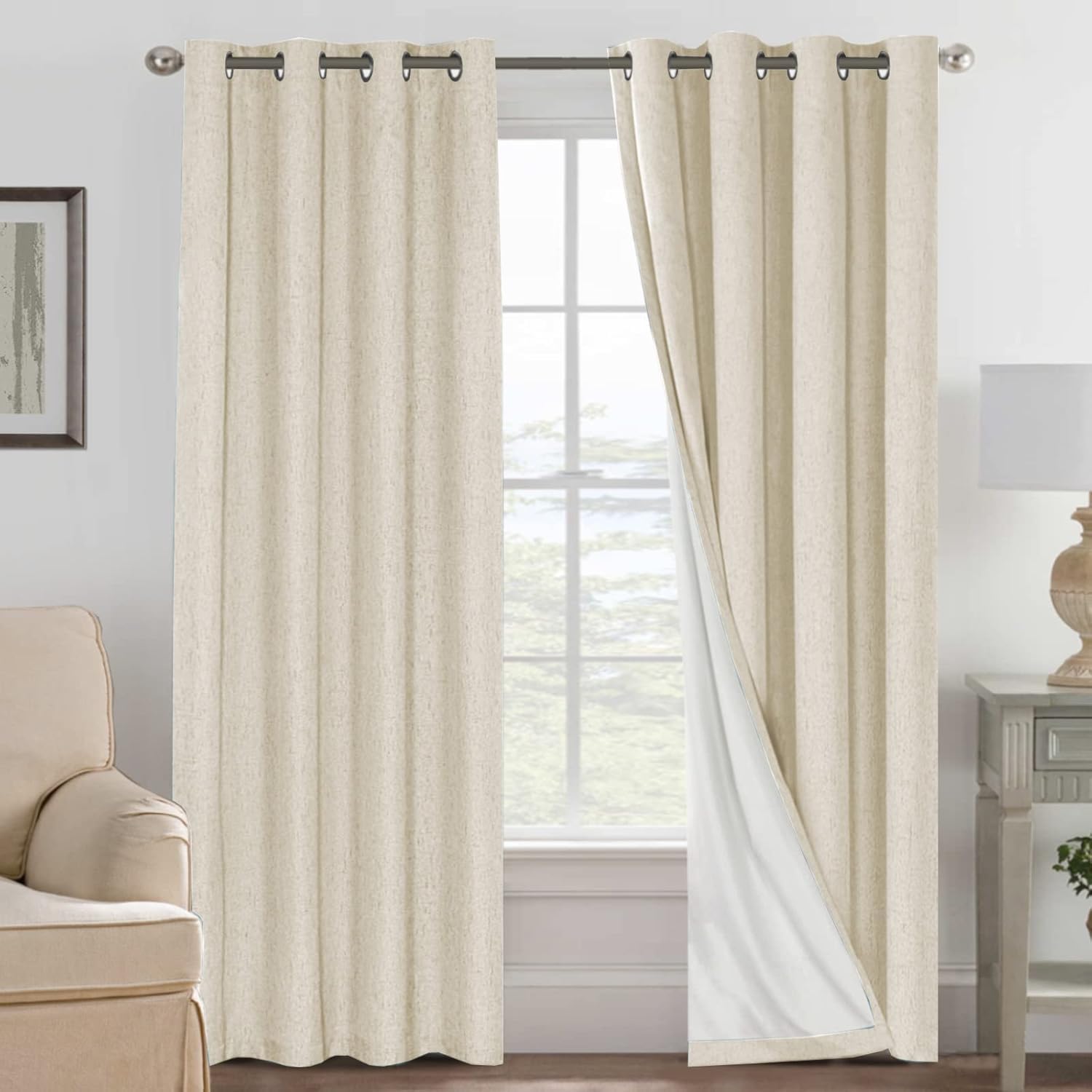 Linen Blackout Curtains Thick Textured Thermal Insulated Extra Wide Grommet Patio Door Drapes