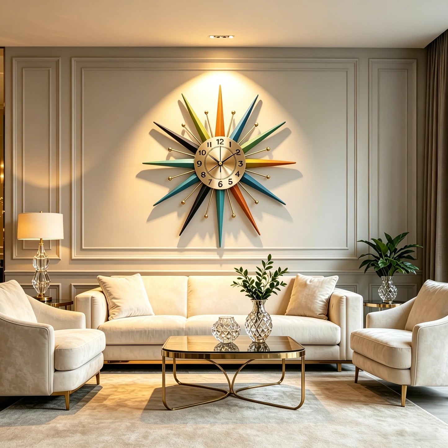Mid-Century Star Shaped Metal Crystal Wall Clock Silent Decorative Wall Clock for Living Room Bedroom Dining Room Office Porch