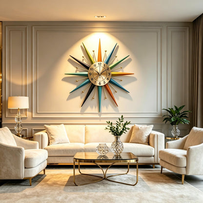 Mid-Century Star Shaped Metal Crystal Wall Clock Silent Decorative Wall Clock for Living Room Bedroom Dining Room Office Porch