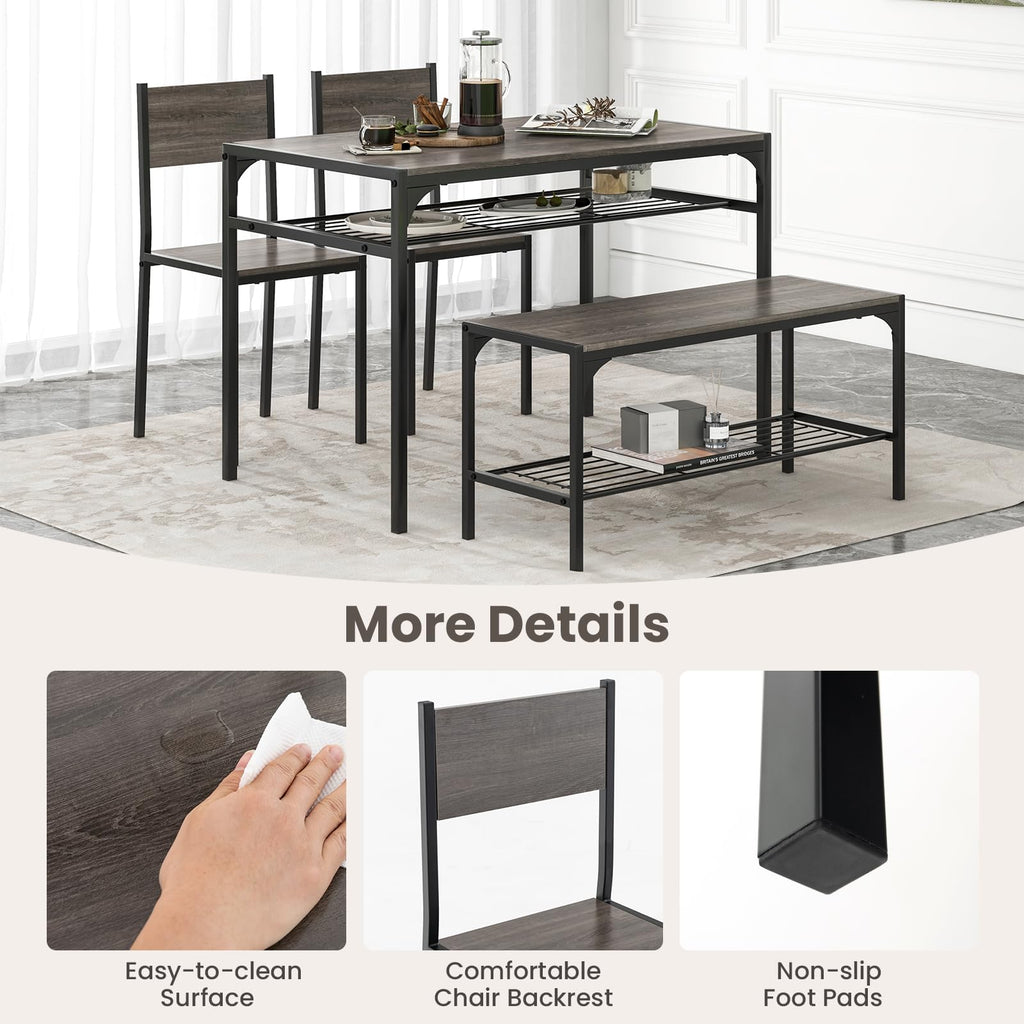 Dining Table Set for 4 with Bench, Metal Frame and Storage Rack, Modern Small Space Design