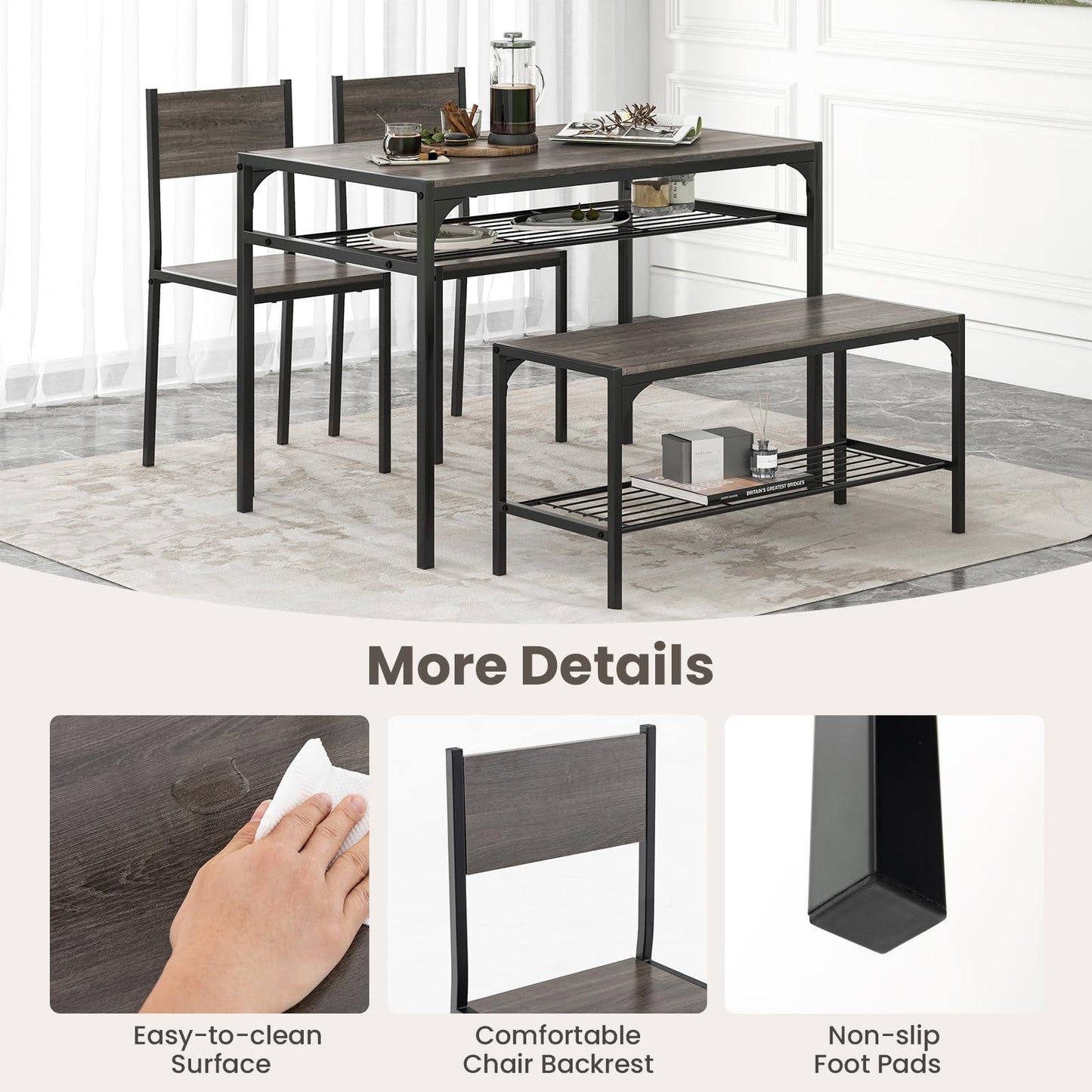 Dining Table Set for 4 with Bench, Metal Frame and Storage Rack, Modern Small Space Design