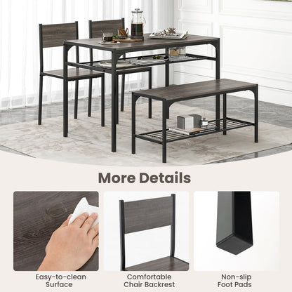 Dining Table Set for 4 with Bench, Metal Frame and Storage Rack, Modern Small Space Design