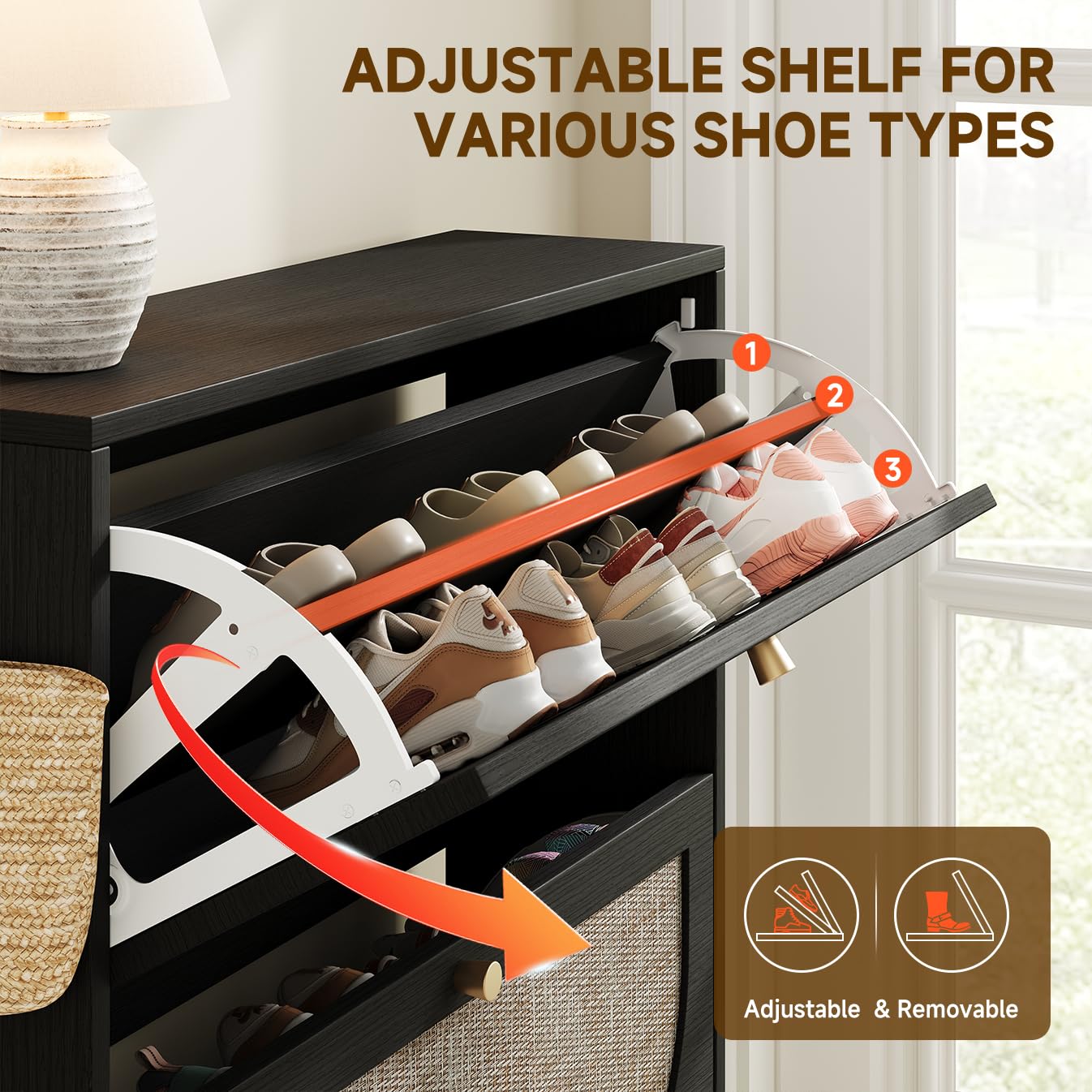 Rattan Arched Shoe Cabinet with Flip Drawers and Adjustable Shelves Entryway Storage Rack