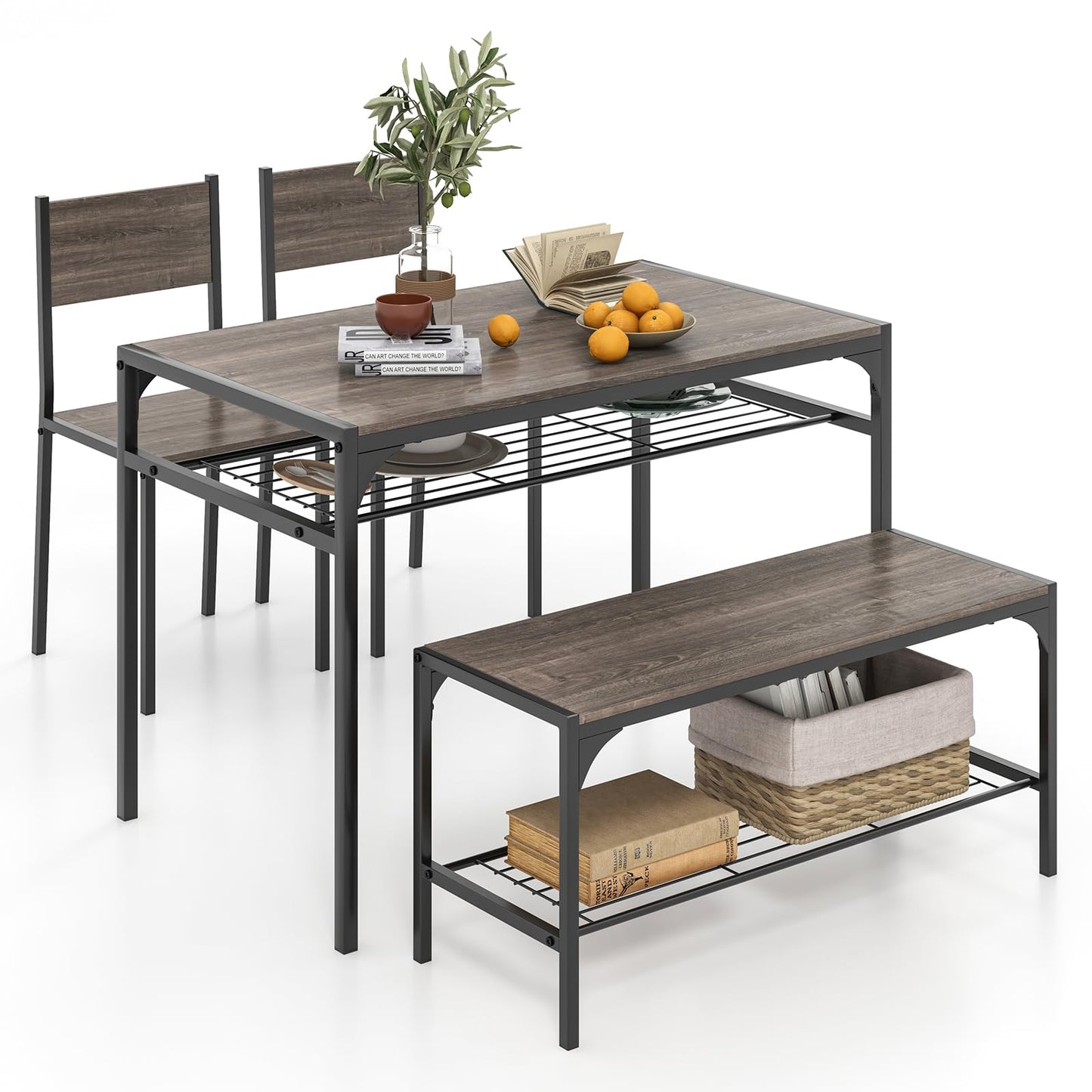 Dining Table Set for 4 with Bench, Metal Frame and Storage Rack, Modern Small Space Design