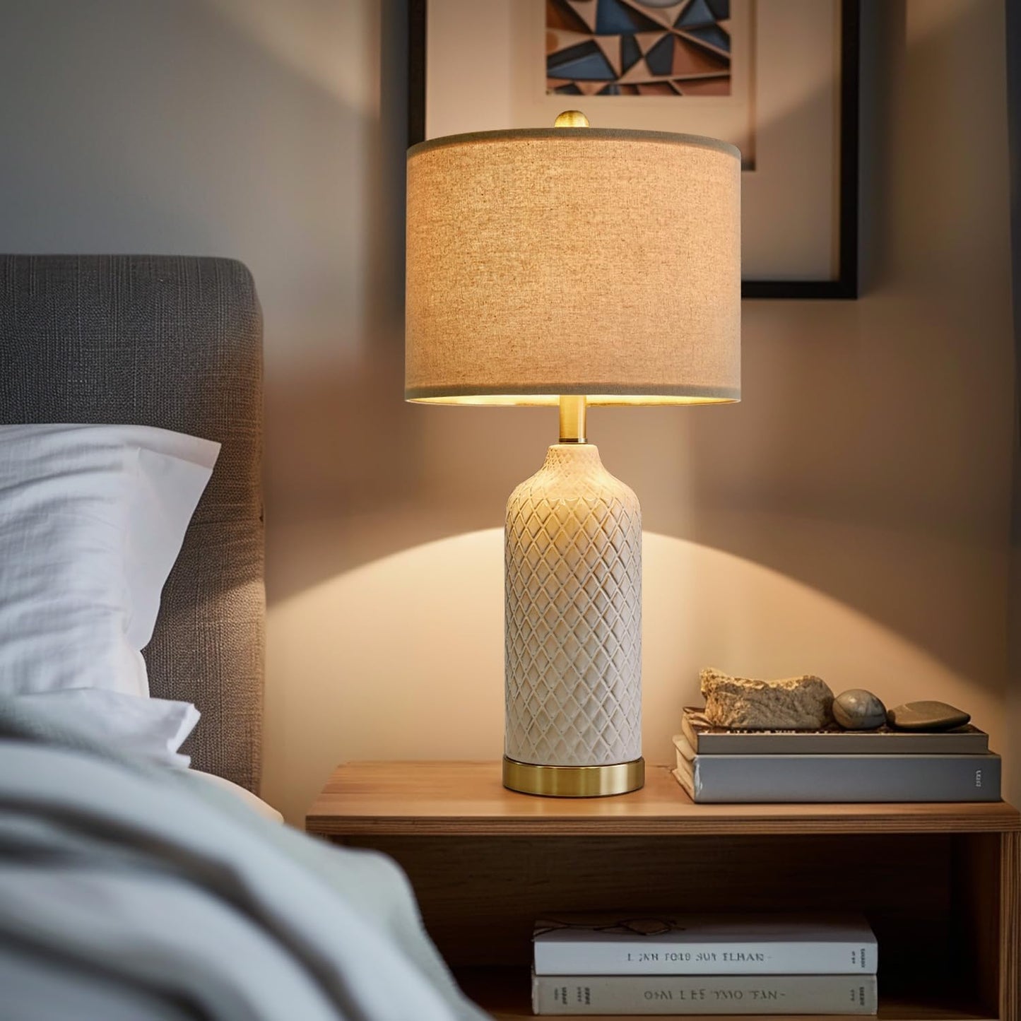 Modern Silver Ceramic Table Lamp Set of 2 Bedside Nightstand Lamps for Bedroom Living Room