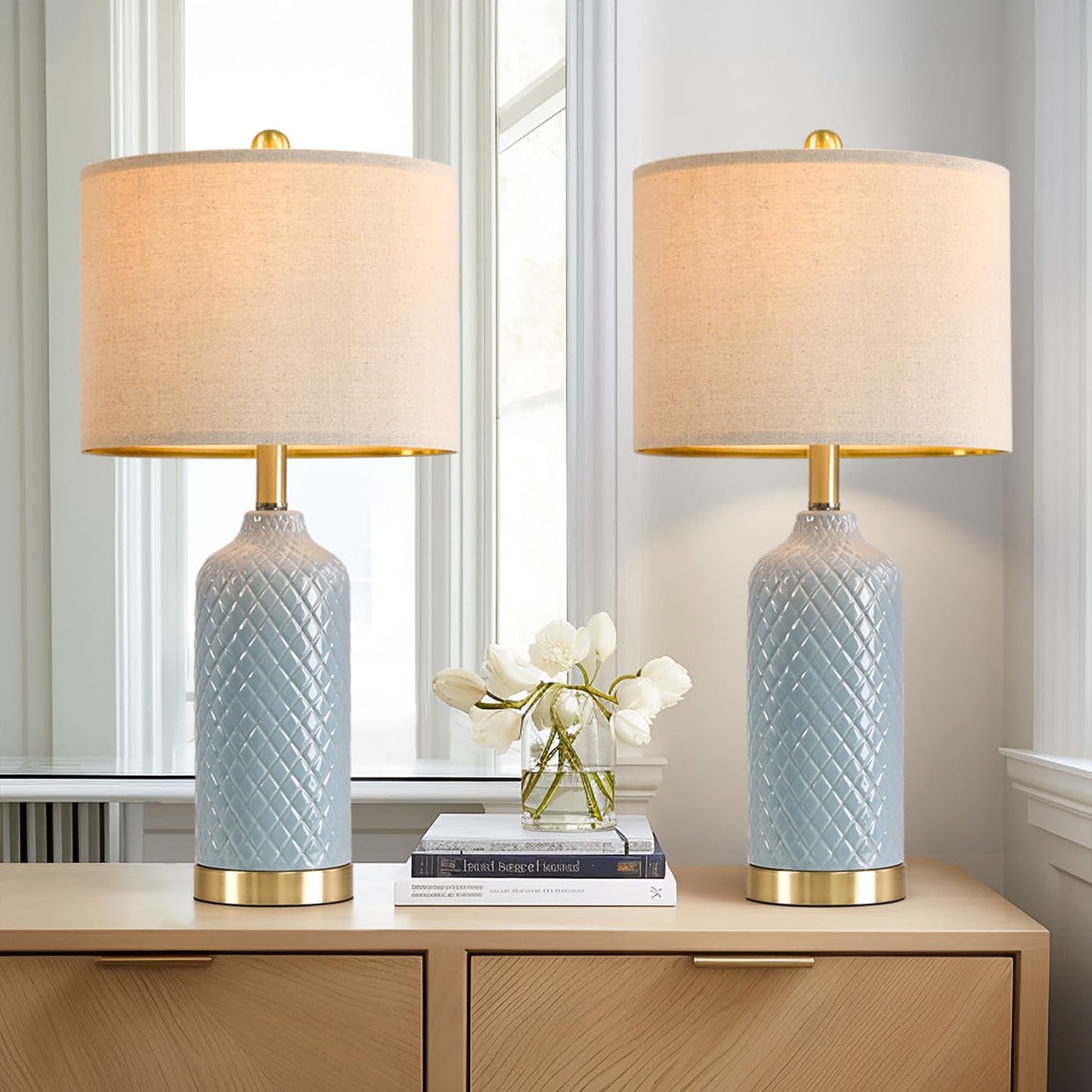 Modern Silver Ceramic Table Lamp Set of 2 Bedside Nightstand Lamps for Bedroom Living Room