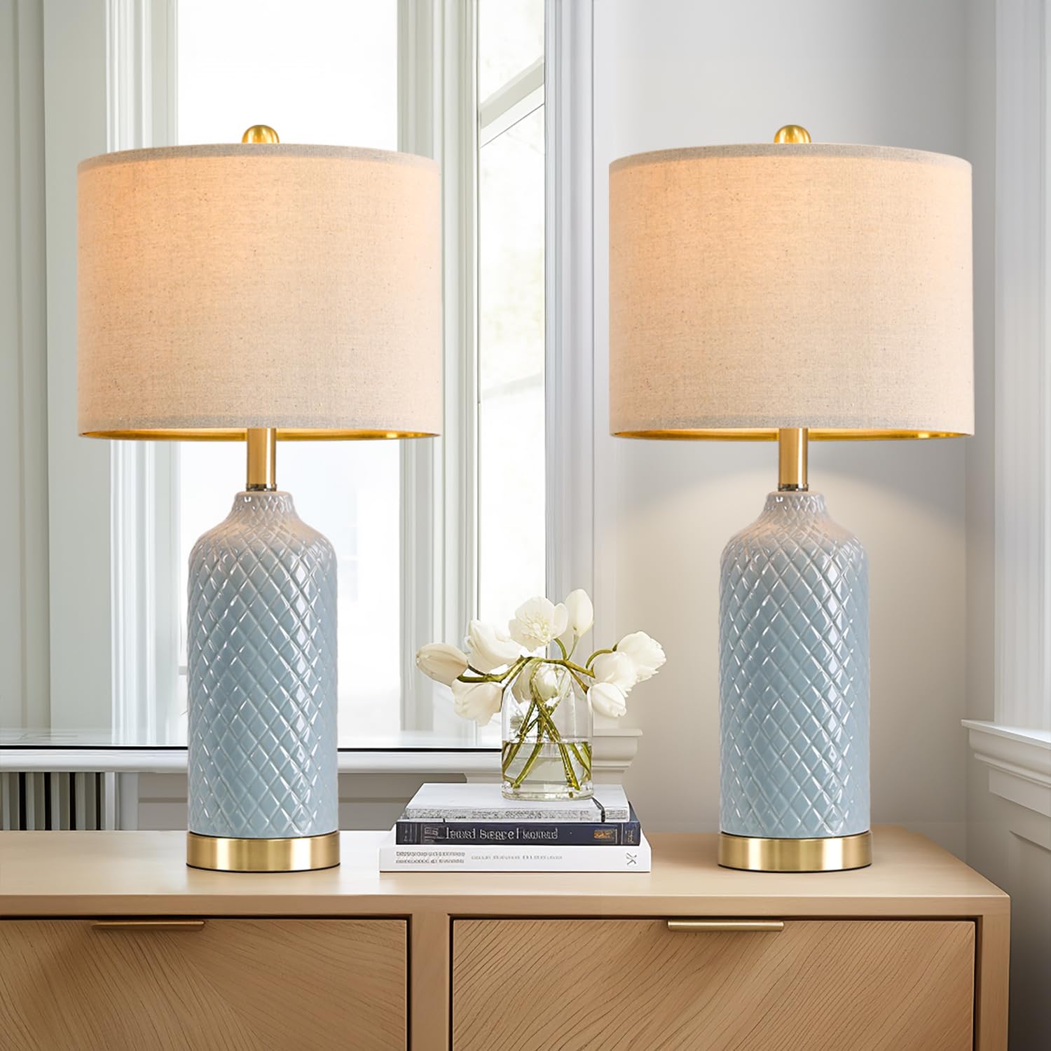 Modern Silver Ceramic Table Lamp Set of 2 Bedside Nightstand Lamps for Bedroom Living Room