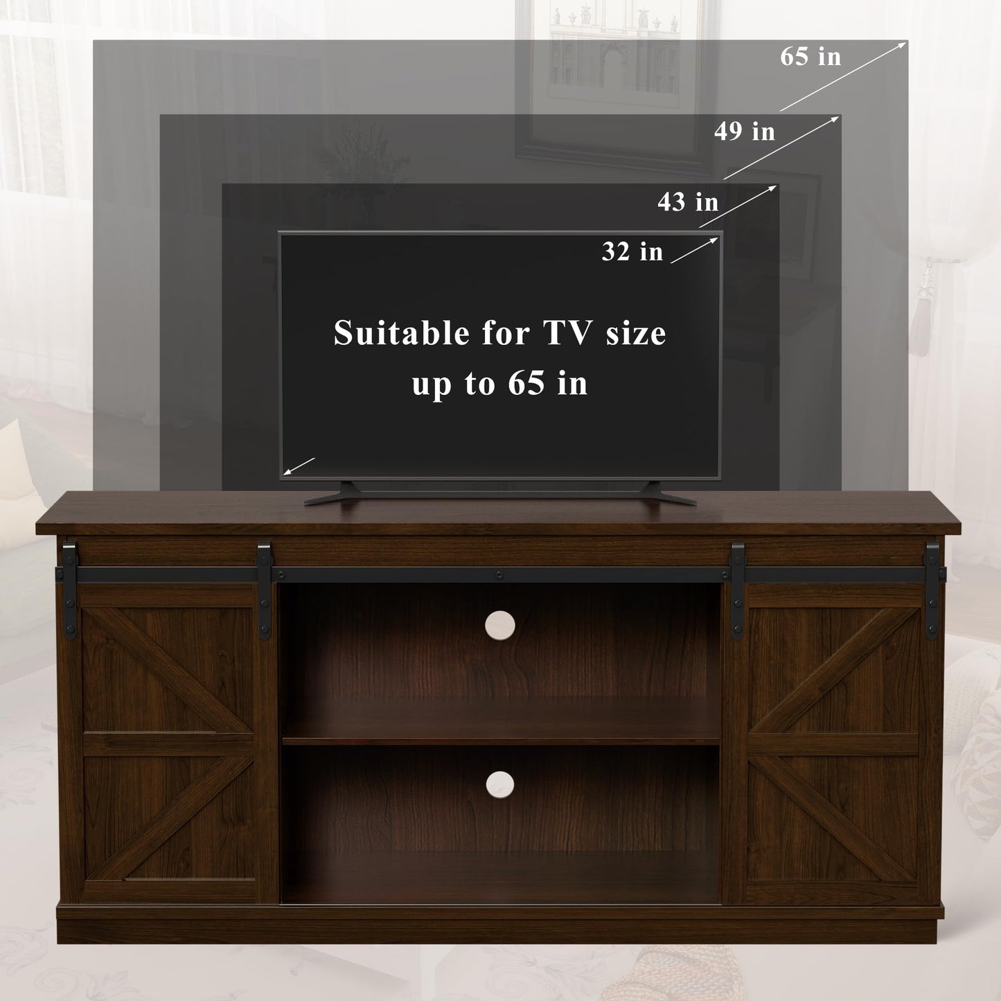 TV Stand for 65 Inch TVs with Sliding Barn Doors and Storage Cabinets