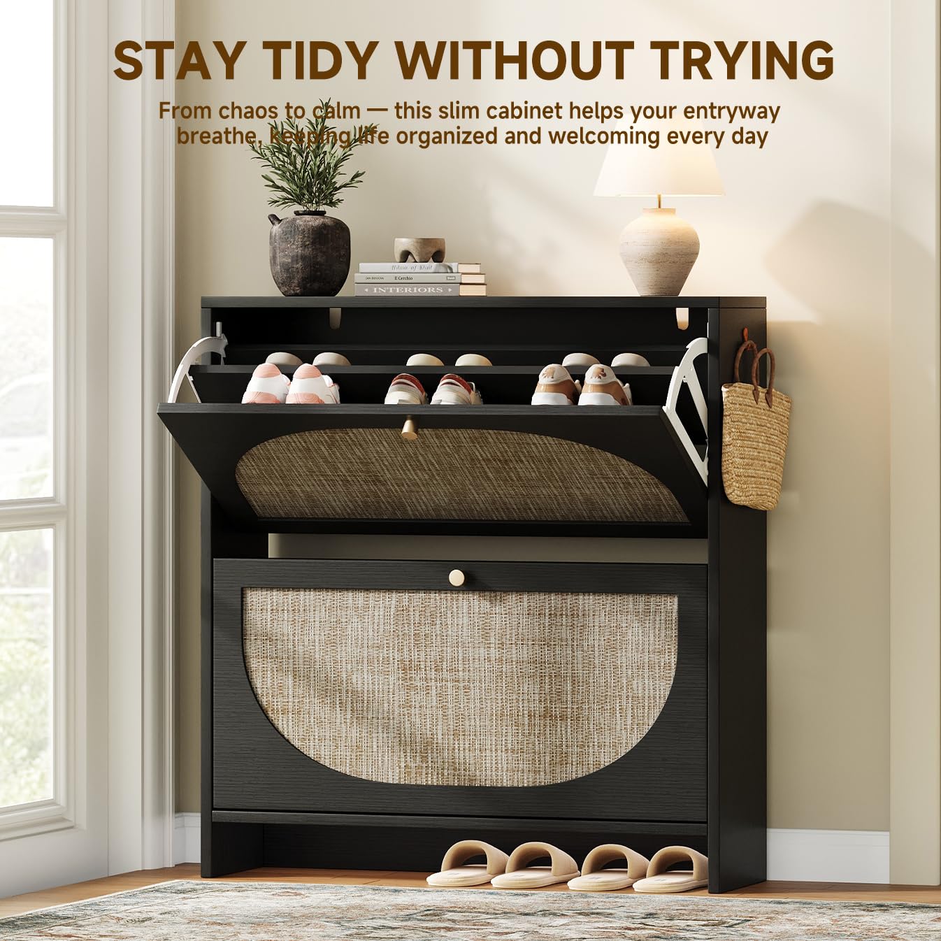 Rattan Arched Shoe Cabinet with Flip Drawers and Adjustable Shelves Entryway Storage Rack