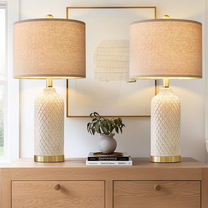 Modern Silver Ceramic Table Lamp Set of 2 Bedside Nightstand Lamps for Bedroom Living Room