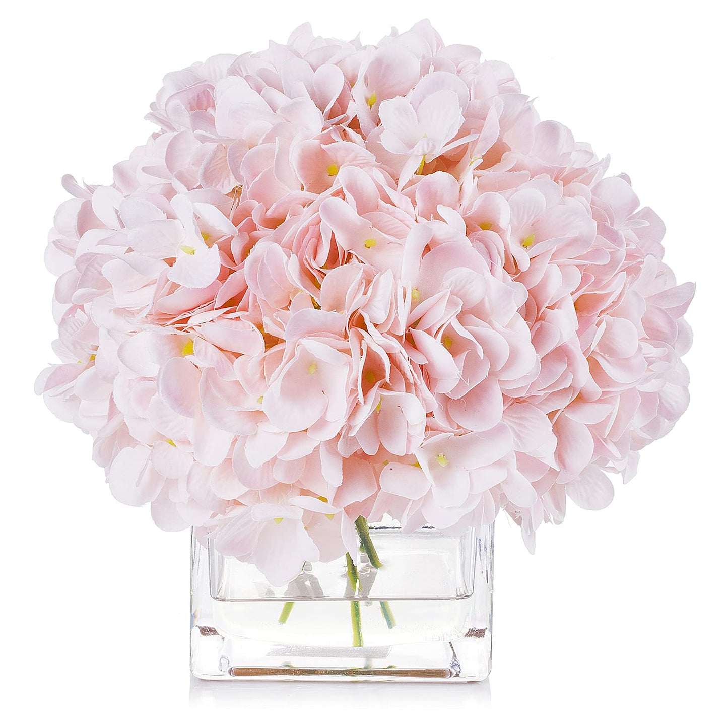 Silk Hydrangea Floral Arrangement in Cube Glass Vase with Faux Water Home Decor