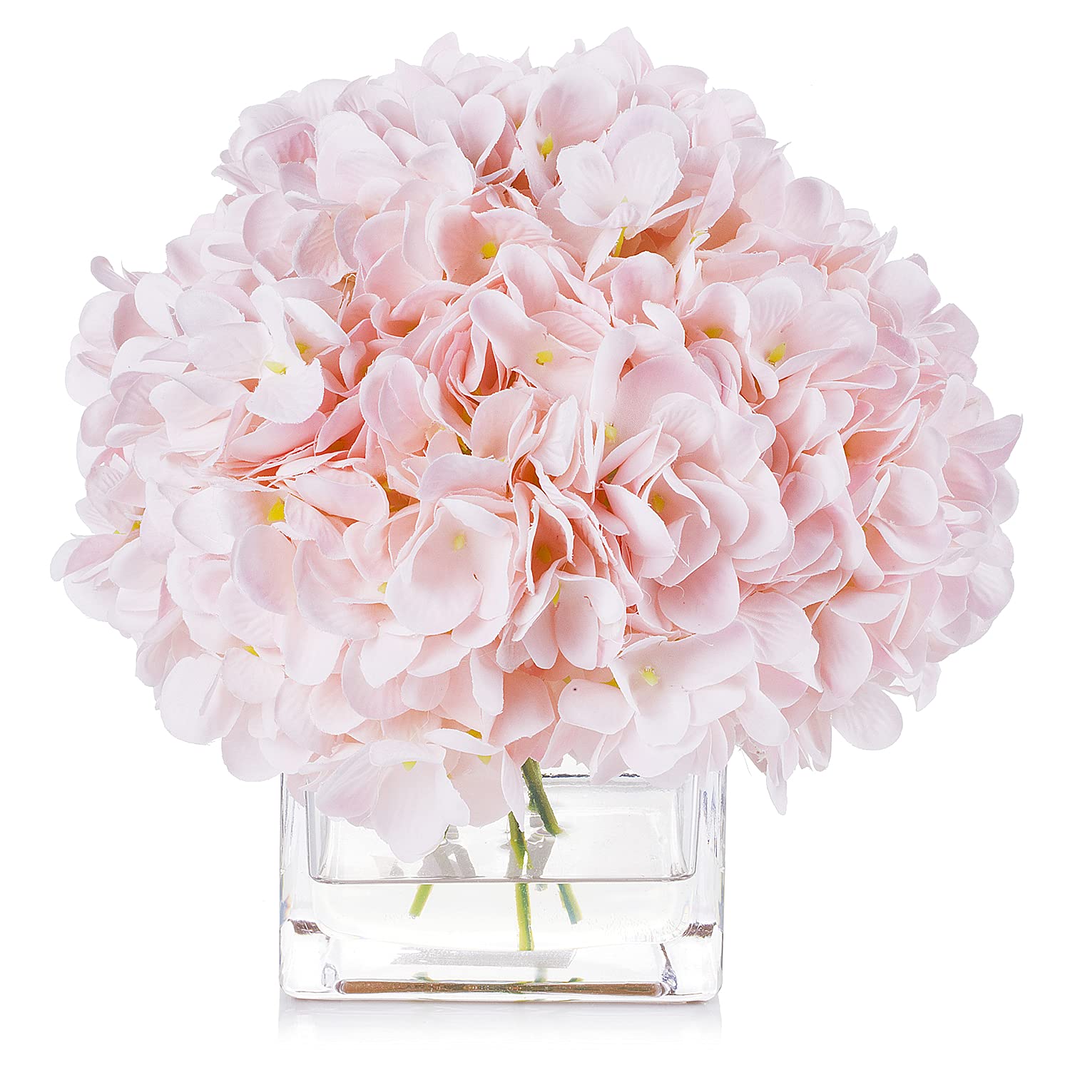 Silk Hydrangea Floral Arrangement in Cube Glass Vase with Faux Water Home Decor