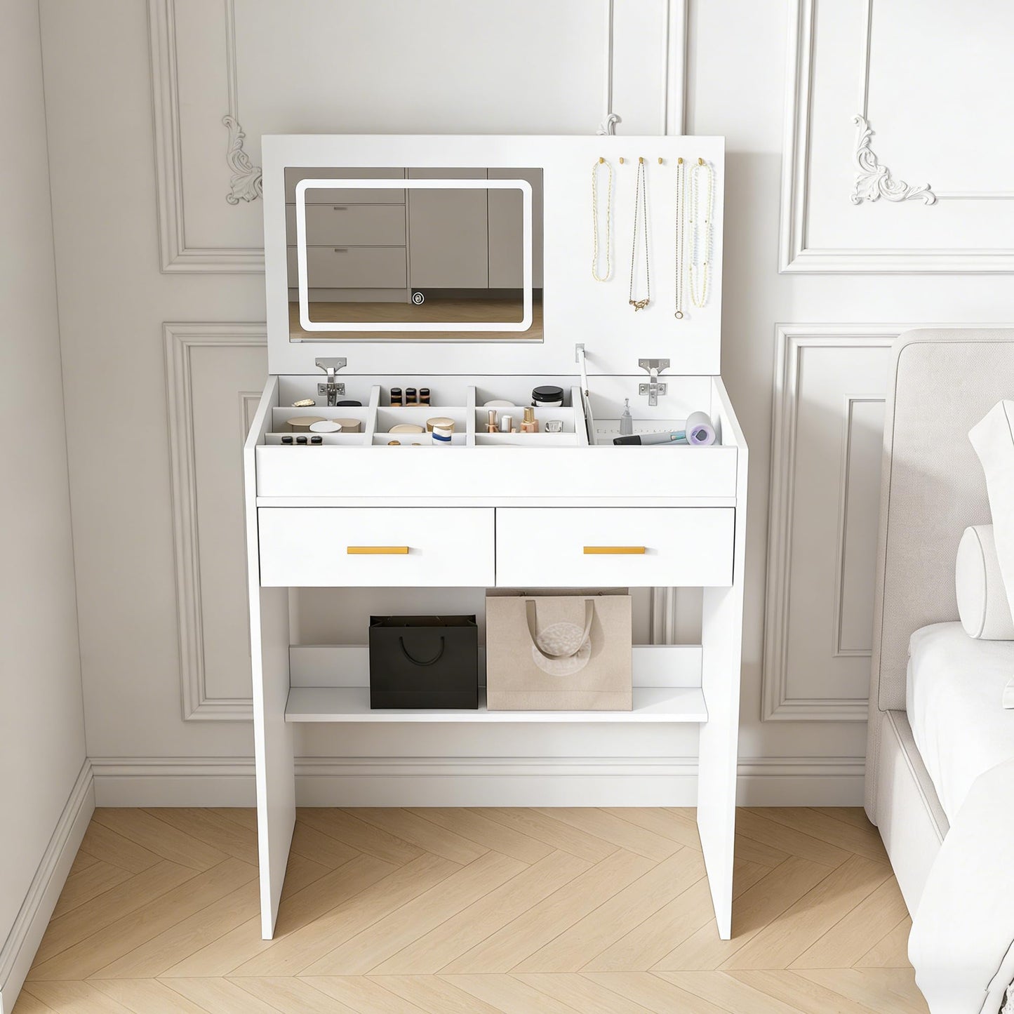 Flip Top Vanity Desk with LED Mirror, Power Outlet, Drawers and Storage Makeup Table