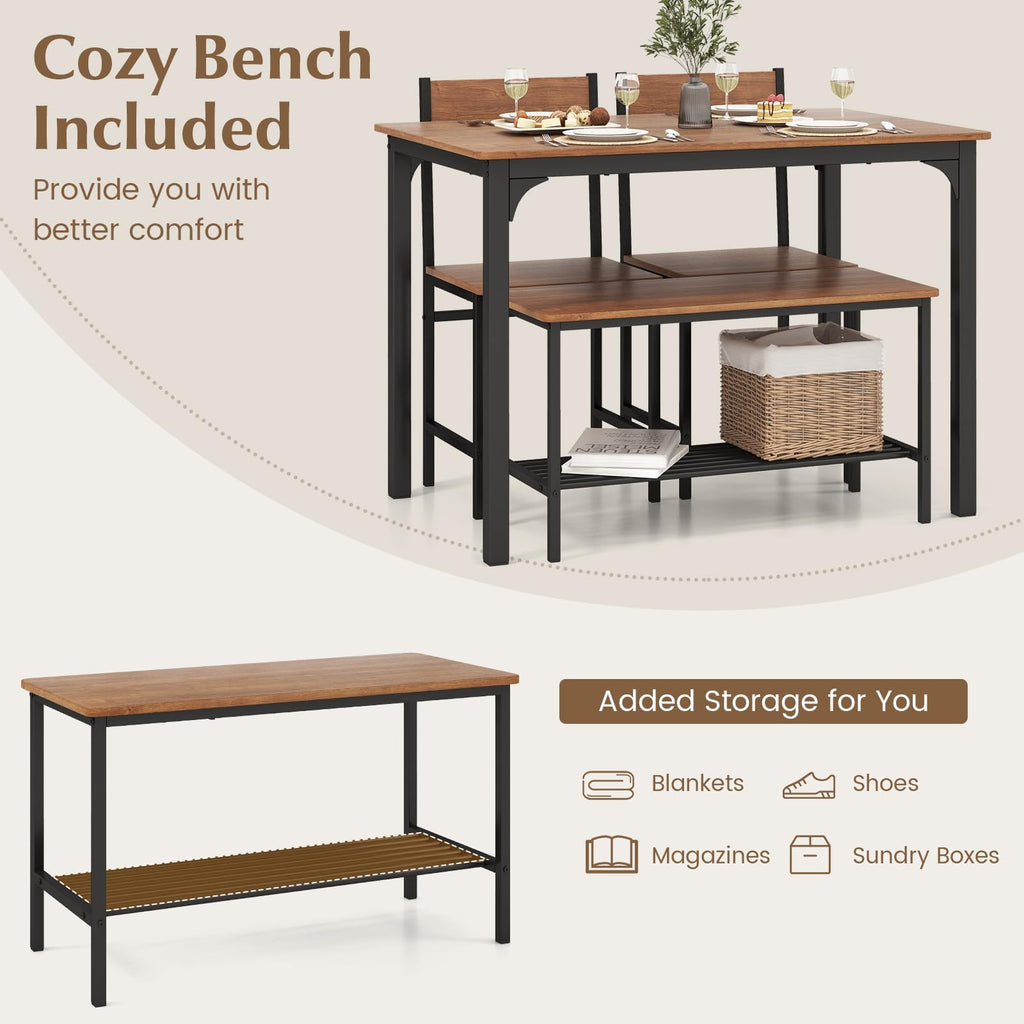 Dining Table Set for 4 with Bench, Chairs and Storage Rack Industrial Space Saving Design