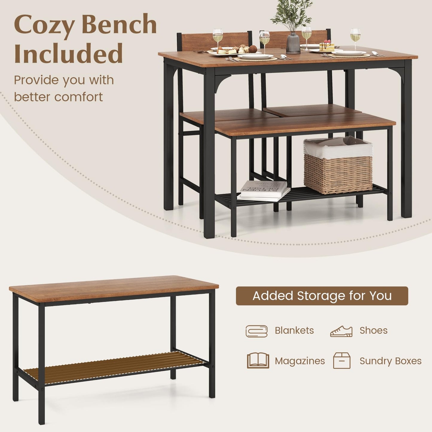 Dining Table Set for 4 with Bench, Chairs and Storage Rack Industrial Space Saving Design