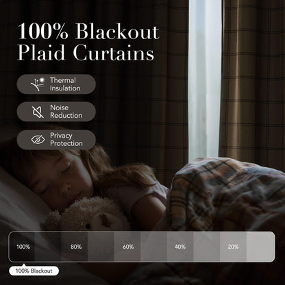 Linen Plaid Blackout Curtains Rod Pocket Back Tab Windowpane Drapes for Living Room Bedroom