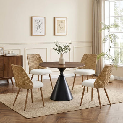 Sherpa Upholstered Cane Back Dining Chair with Metal Wood-Look Legs