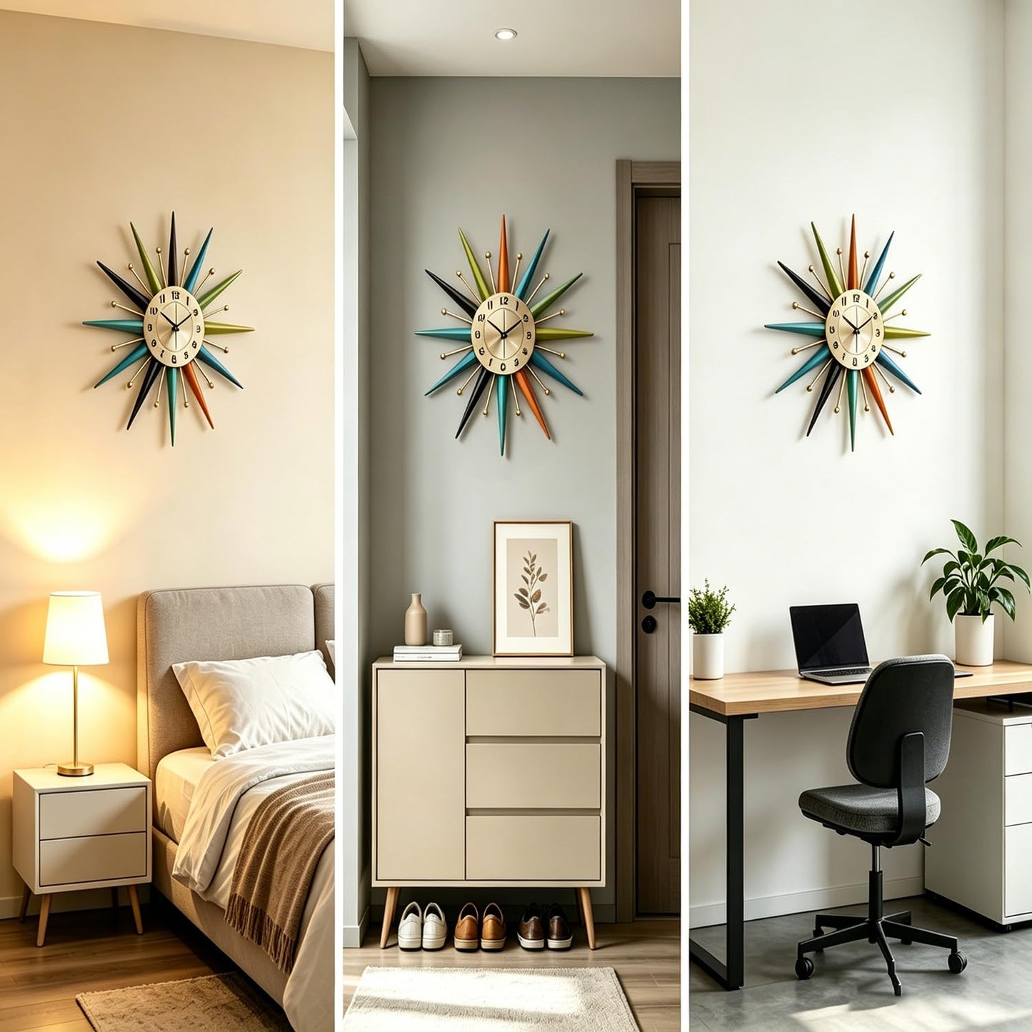 Mid-Century Star Shaped Metal Crystal Wall Clock Silent Decorative Wall Clock for Living Room Bedroom Dining Room Office Porch