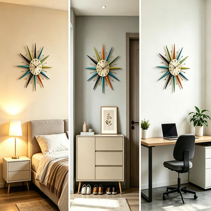 Mid-Century Star Shaped Metal Crystal Wall Clock Silent Decorative Wall Clock for Living Room Bedroom Dining Room Office Porch