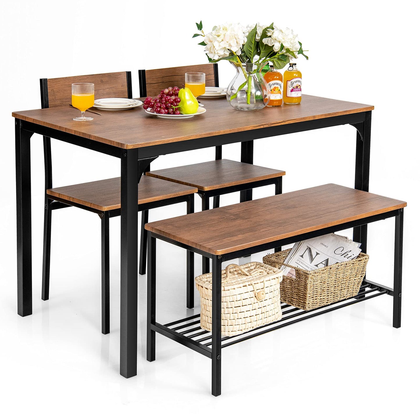 Dining Table Set for 4 with Bench, Metal Frame and Storage Rack, Modern Small Space Design