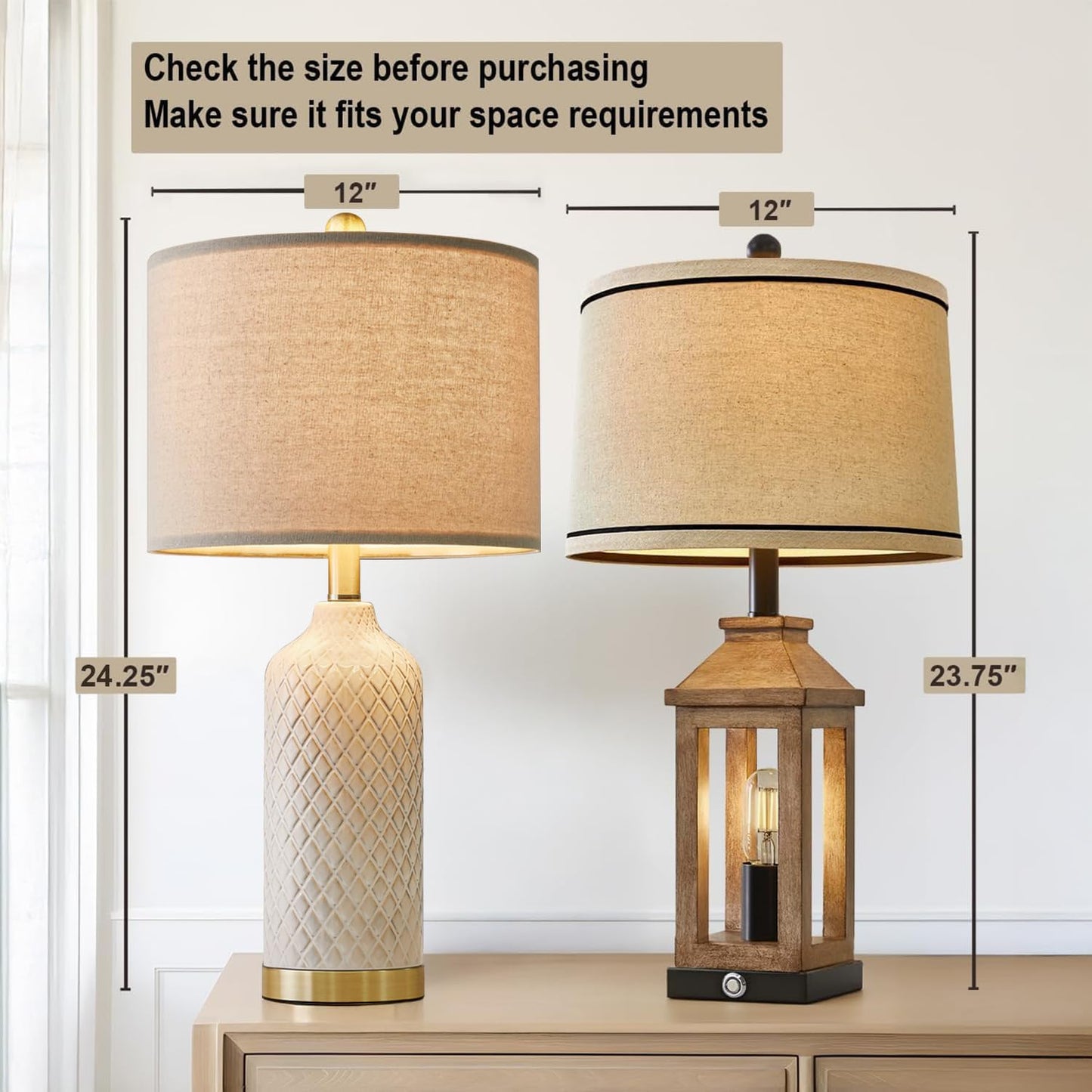 Modern Silver Ceramic Table Lamp Set of 2 Bedside Nightstand Lamps for Bedroom Living Room