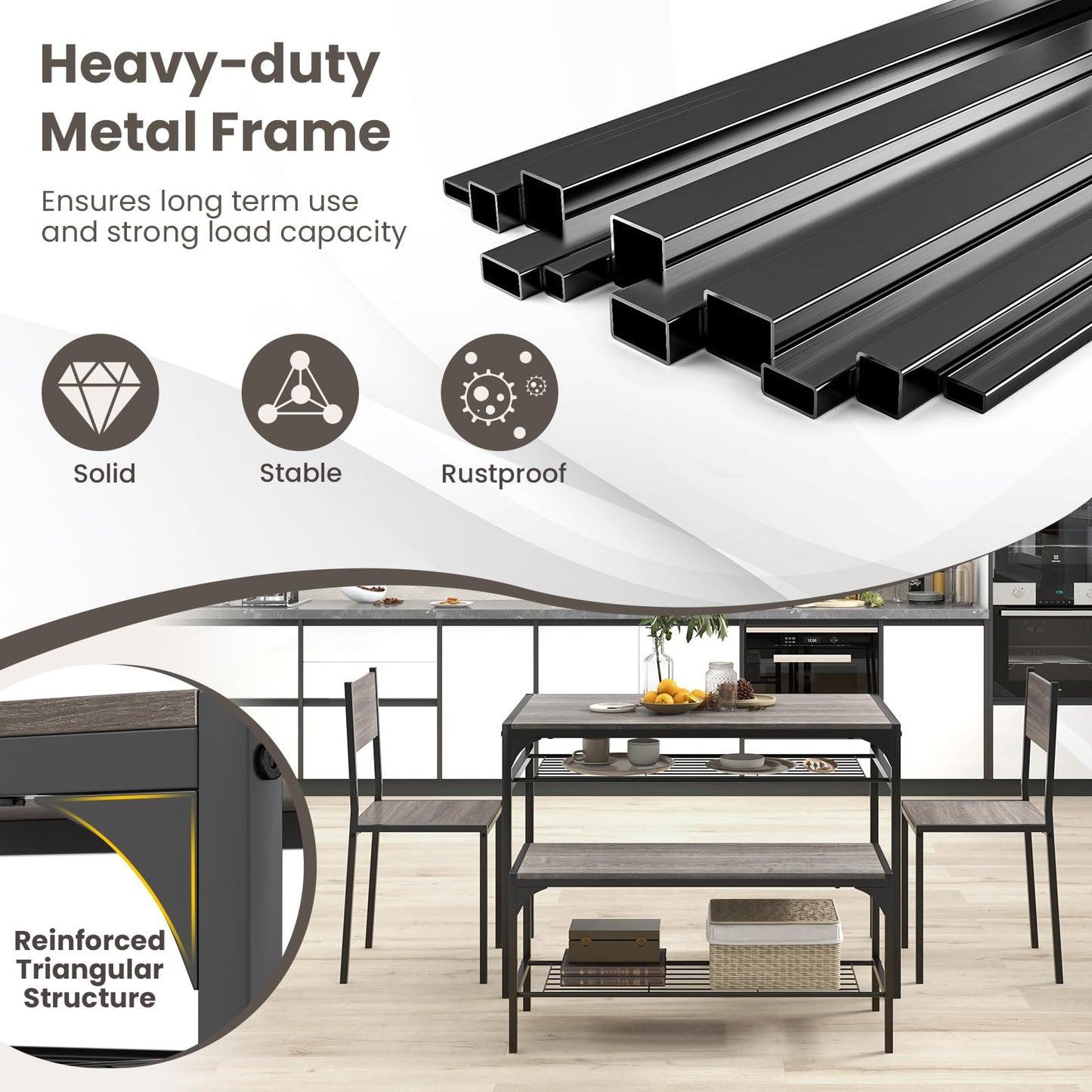 Dining Table Set for 4 with Bench, Metal Frame and Storage Rack, Modern Small Space Design