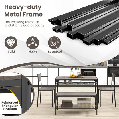 Dining Table Set for 4 with Bench, Metal Frame and Storage Rack, Modern Small Space Design