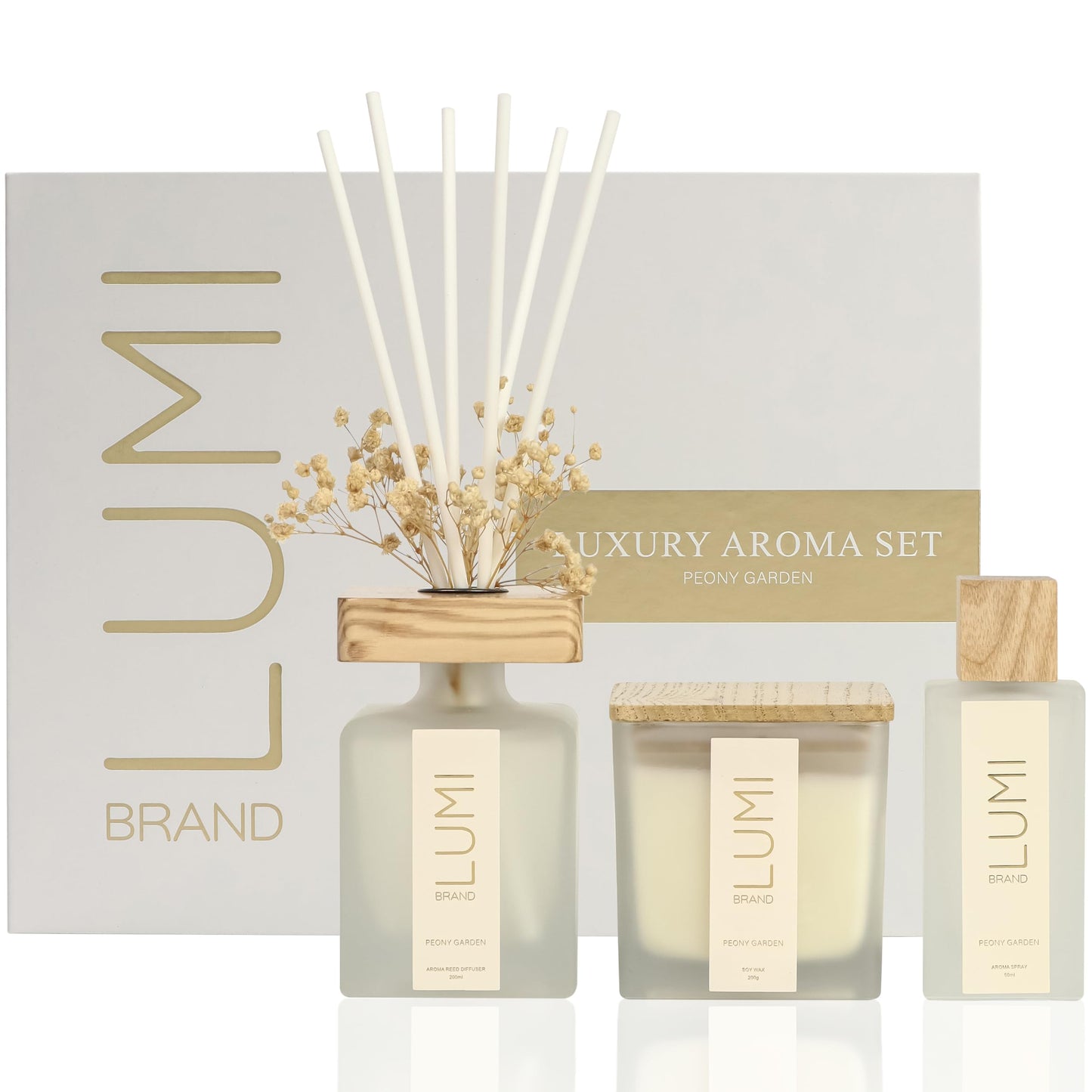 Luxury Home Fragrance Gift Set with Reed Diffuser Candle and Room Spray Dried Flowers Set