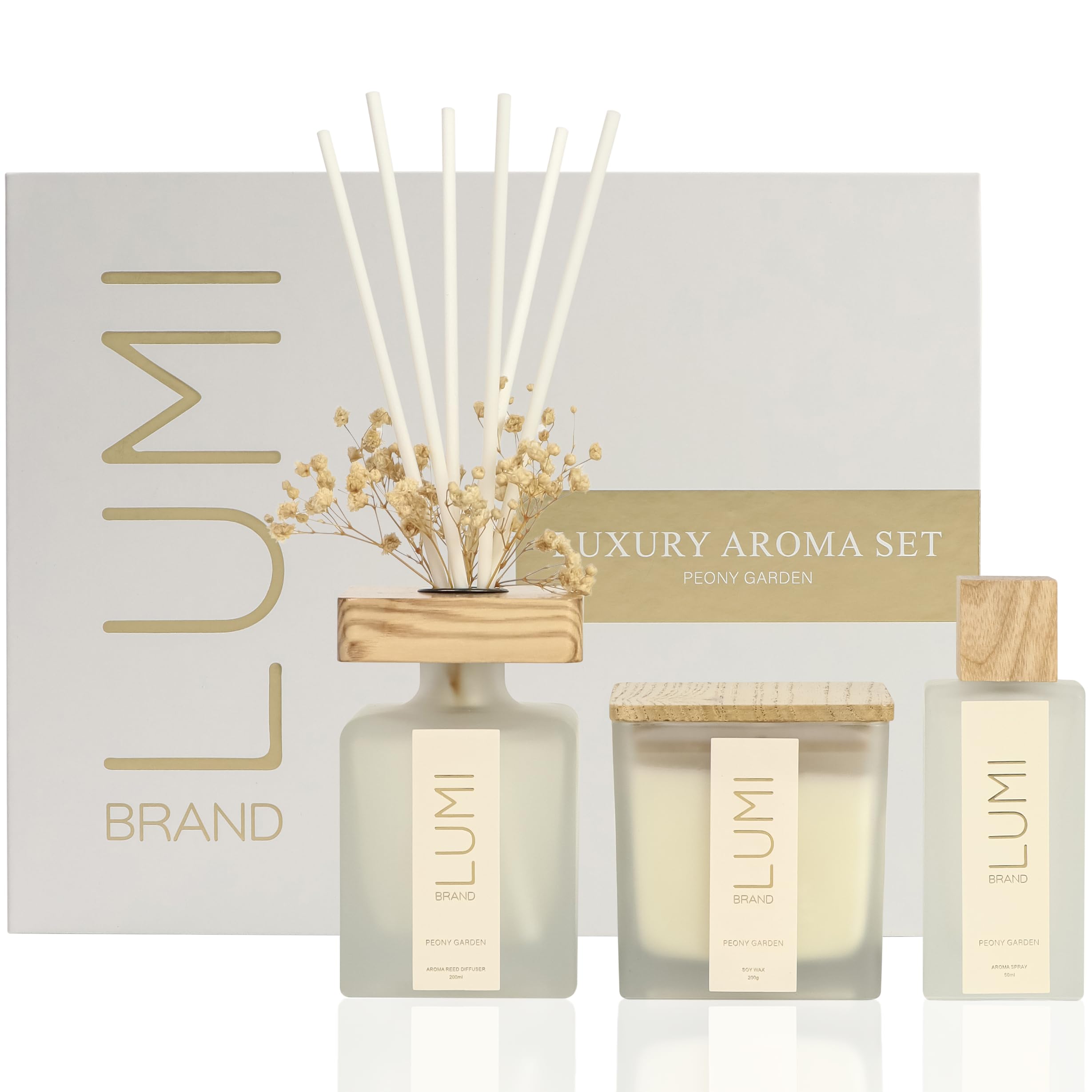 Luxury Home Fragrance Gift Set with Reed Diffuser Candle and Room Spray Dried Flowers Set