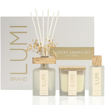 Luxury Home Fragrance Gift Set with Reed Diffuser Candle and Room Spray Dried Flowers Set