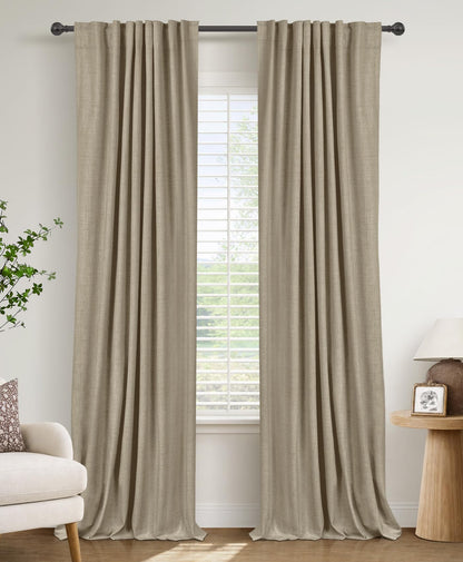 100% Blackout Linen Curtains Thermal Insulated Back Tab Rod Pocket Drapes for Bedroom Living Room