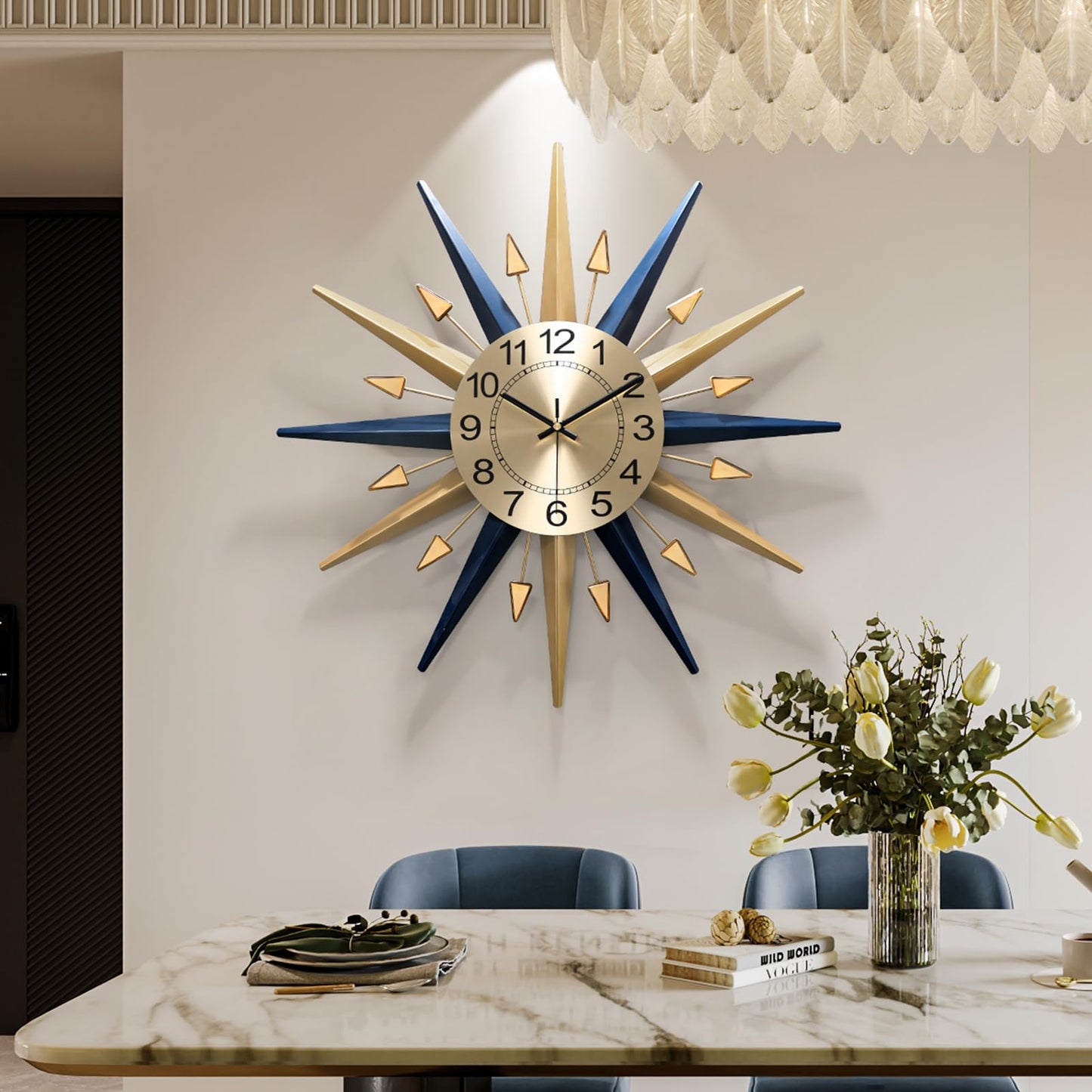 Mid-Century Starburst Metal Wall Clock with Crystal Accents Large Decorative Wall Clock for Home Office Living Room Kitchen