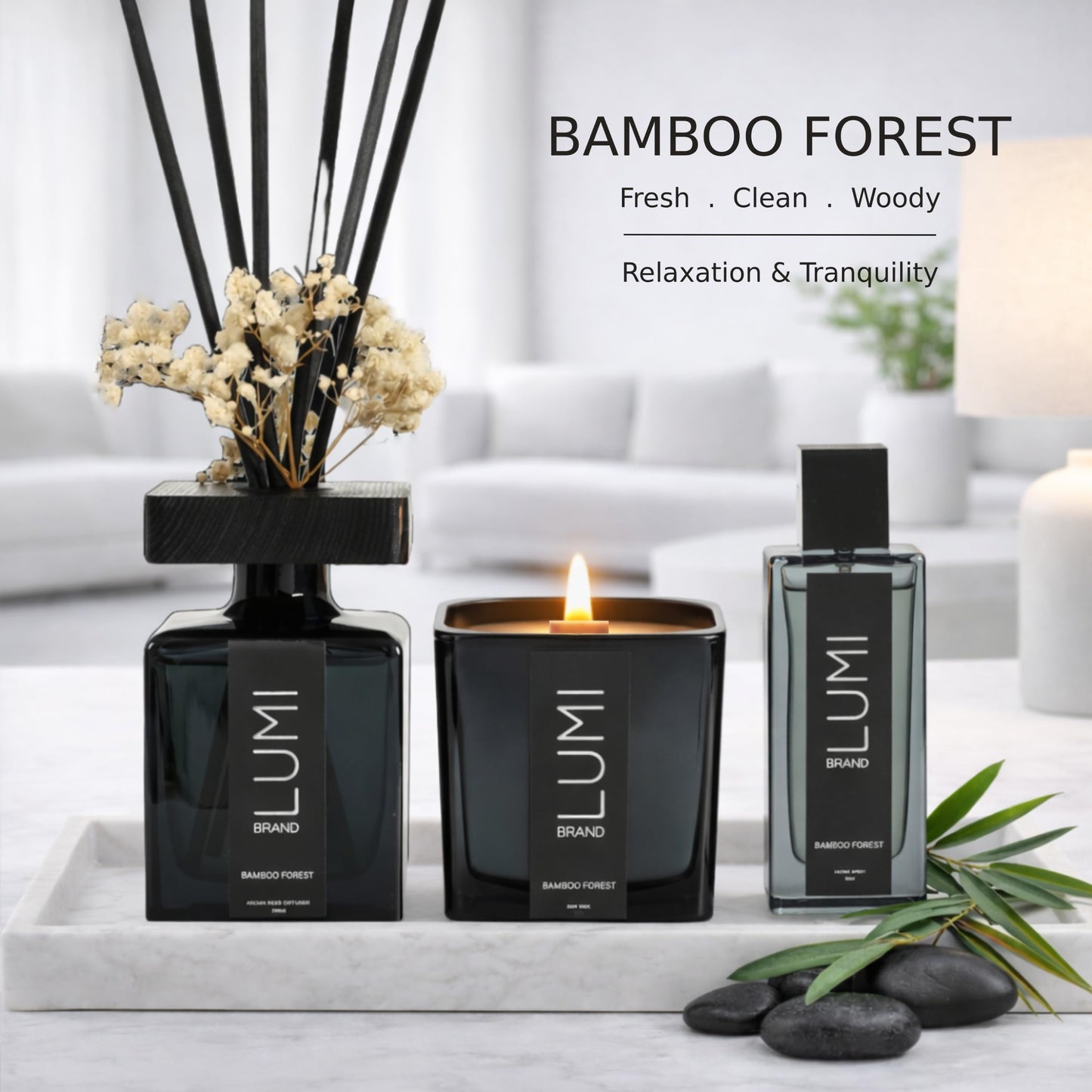 Luxury Home Fragrance Gift Set with Reed Diffuser Candle and Room Spray Dried Flowers Set